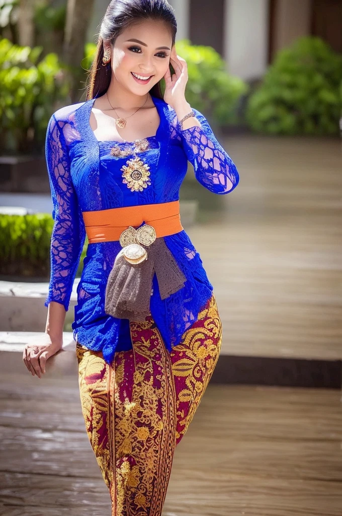 (Best quality, high resolution, Masterpiece: 1.3), a beautiful woman with a slender figure, (dark brown layered hairstyle), wearing a pendant, ((kebaya_bali)) outdoors, scenic beauty, with the background of traditional ceremonies, details in face and skin texture beautifully rendered, details eyes, (best quality, high resolution, masterpiece: 1.3), a beautiful woman with a slim figure, (dark brown layered hairstyle),((kebaya_bali)), outdoors, with the background of traditional ceremonies, details in face and skin texture beautifully rendered, detail eyes, double eyelids, seductive laugh, feminine laugh, seductive pose