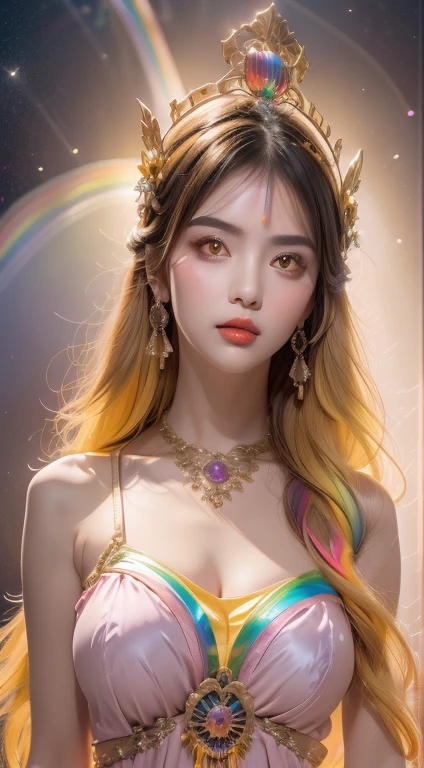 1 girl 20 years old, 1 goddess Athena, pink and purple silk dress with cleavage, beautiful goddess Athena face without blemish, thin cleavage silk nightgown with many colors, long thin women's nightgown with many sexy black lace details, goddess legend, goddess symbol, beautiful goddess style glitter, dark and mysterious version, small crown, well-proportioned, beautiful lips, delicate red lips, 1.9 detailed and beautiful lips ), holy body, super tight and round breasts, phoenix brooch, long bangs, (7 colors of hair rainbow: 1.9), clear beautiful face and well-proportioned eyes, (transparent yellow eyes: 1.8), (big round eyes and meticulous makeup, very beautiful and discreet makeup, very pretty blonde hair, light makeup, long blonde hair, makeup 1.8): the sky's droopy and vivid, the picture is real and fictional space: 1.8), fictional art, RAW photos, hanfu photos, best photos, high resolution, best quality, best photos, surreal portraits, surreal female photos, 8k quality, most beautiful saint portraits, single female jewelry, beautiful color masterpiece, upper body, tyndall effect, real photos, dark studio, border lights, (dalk 8 color pink detail: high resolution, soft light, high quality, h, Smooth and sharp, 10x pixelation, sexy goddess , sexy goddess: 1.8), (beautiful eyeshadow background: 1.8), (background place galaxy: 1.8), gap eyes, (best gaping eyes, perfect eyes, pretty girl solo: 1.8), (flowers: 1.8)