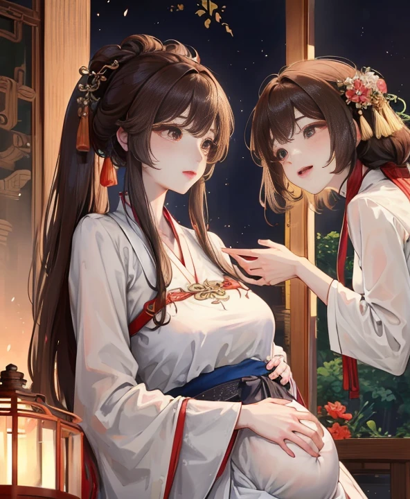 masterpiece, best quality， aldult, Chinese style,pregnancy ，China, elder sister,  Smile, brown hair, princess cut, Full of motherhood，Hanfu，Pure affection，blush，Dignified yet lively，Mother，Place your hands on your stomach，Full of motherhood，Sexy，charming，Graceful and graceful，A thousand flavors，charming，With a royal air，long hair，With hairpins，长Hanfu，beautiful，beautiful，A hand caresses his belly，charming的，眼神Lovely，Lovely，black stockings，Tall and tall，The country is fragrant，The one with alluring looks，