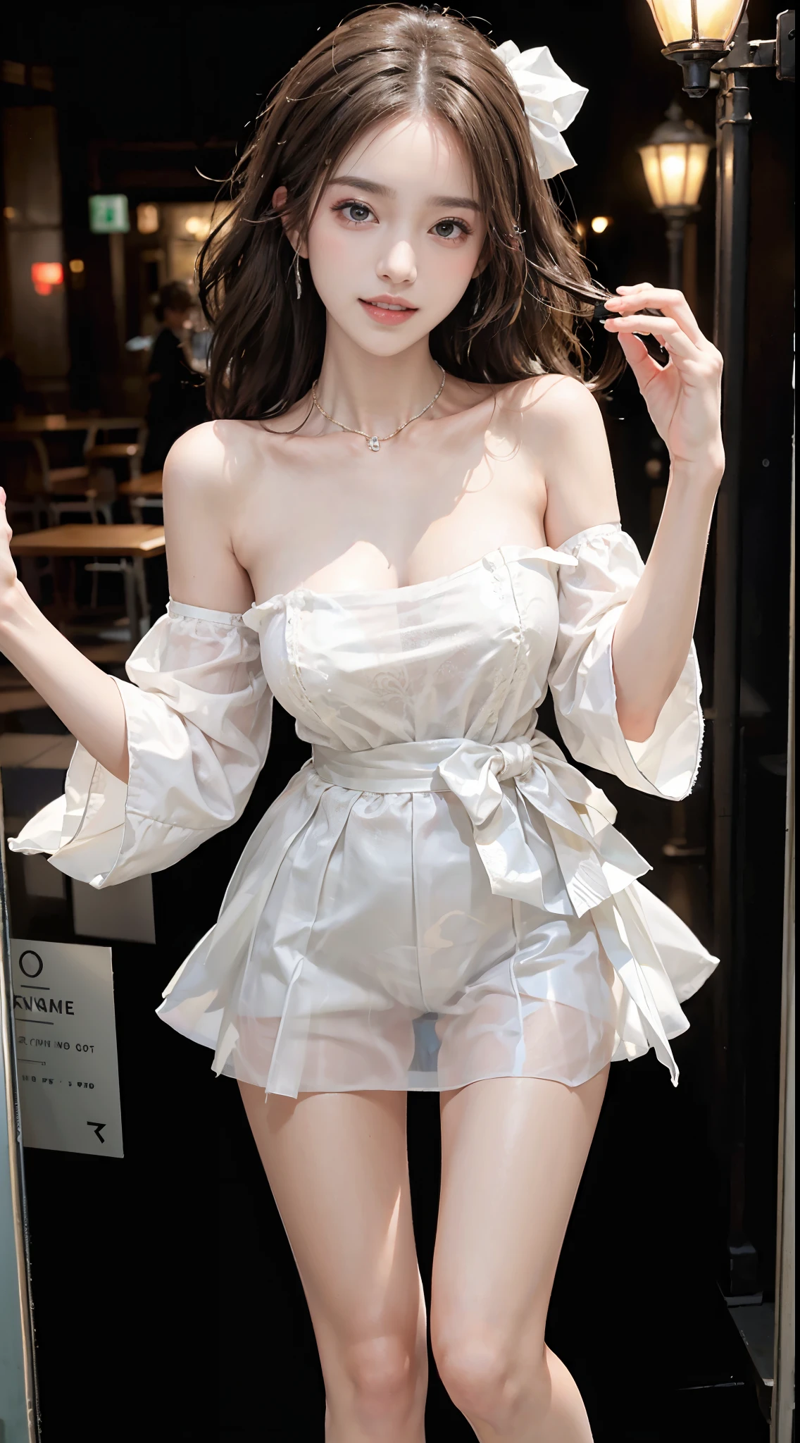 Sweet girl clothes4,strapless dress,jewelry, ((full body)), ((leaning forward)), (上身前倾, 弯腰), ((from above)), ((realistic)), 1girll, posed for photo, Outdoor scene, the night, lamplight, Stand up, Pleasing posture, Eye-catching poses, pretty legs, looking at viewert, Detailed scenes, curlies, Air bangs, Beautiful hair accessories, Brownish-yellow hair, light make-up, Blushlush, Gloss on lips, (Campus style), warm lights, a warm color palette, Detailed details, 超詳細, (tmasterpiece, best qualtiy), (An extremely delicate and beautiful work), Delicate earrings, Delicate necklace, Simple blurred background, Extreme detail description, Ultra-fine painting, Delicate face, slim toned body, Slimming the waist, (grin, happy grin, Baring teeth), (anatomy correct)