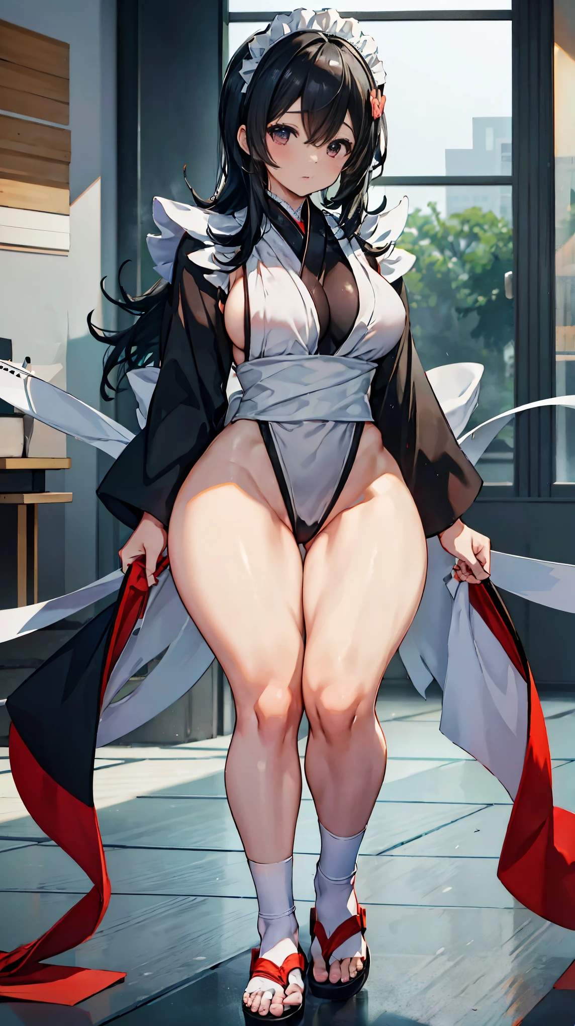 Iroha、super breasts、thick thighs、long black hair、8K, 4k, highest quality, High resolution: 1.2)、cute anime face、noise removal、maid、和風maid、black leotard、full body portrait、Leotard that bites into、Er Dao Liu、sandals