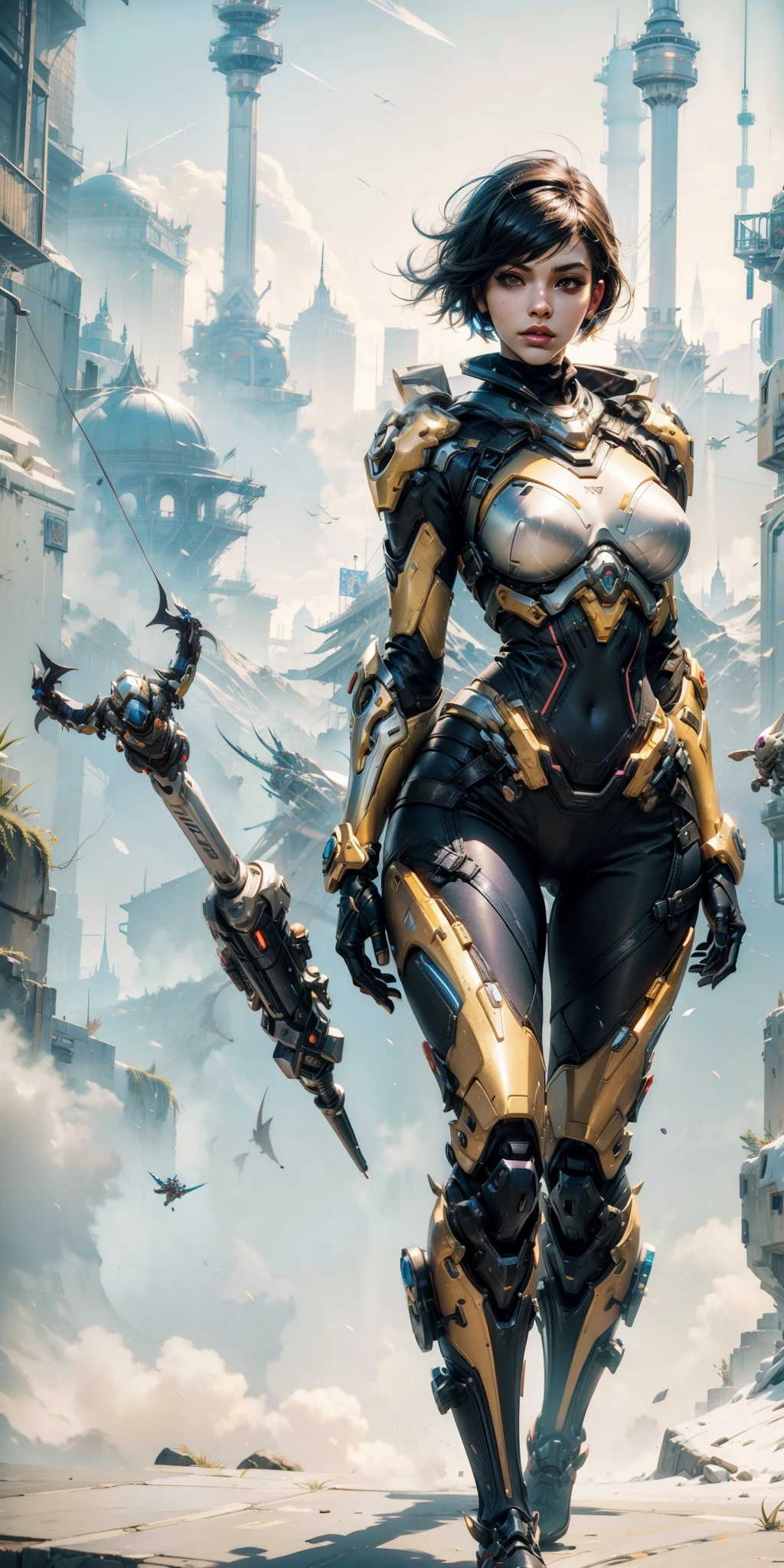 Bust ((from face to the waist)) girl as 2B in hyperrealistic detailed tight ornad elegant sci-fi tatical plugsuit (((Overwatch aesthetic style))), ((short bob hair)), cinematic illumination 8k, (masterpiece), ultra sharp focus, golden ratio, midnight hour, holding a lance, Frieren