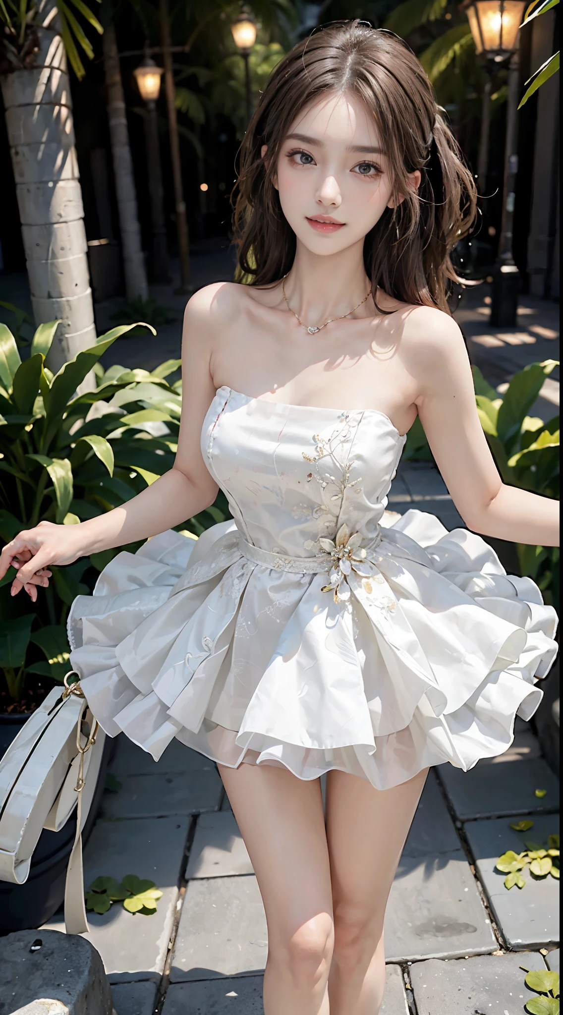 Sweet girl clothes4,strapless dress,jewelry, fashi-girl,red lips,mature female,makeup, liuyifei,((from below)),((cowboy shot)), a beautiful girl, a young female model, random pose, elegant pose, visually appealing, masterpiece, (best quality, 4k, 8k, highres, masterpiece:1.2), ultra-detailed, ultra-fine painting, exquisite face, slender figure, smiling, radiant smile, In a bar, stand and lean against the bar counter