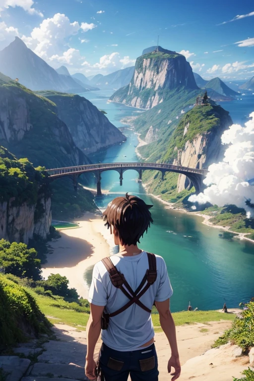 There is a bridge across the body of water, rio de janeiro in an anime film, anime still frame, anime screencaps, anime scene, attack on titan scenery, anime movie backgrounds, anime movie screenshot, ( ( Makoto Shinkai ) ), Shinkai sincerely, Makoto Shinkai. —h 2160, Anime screencap, Anime landscapes