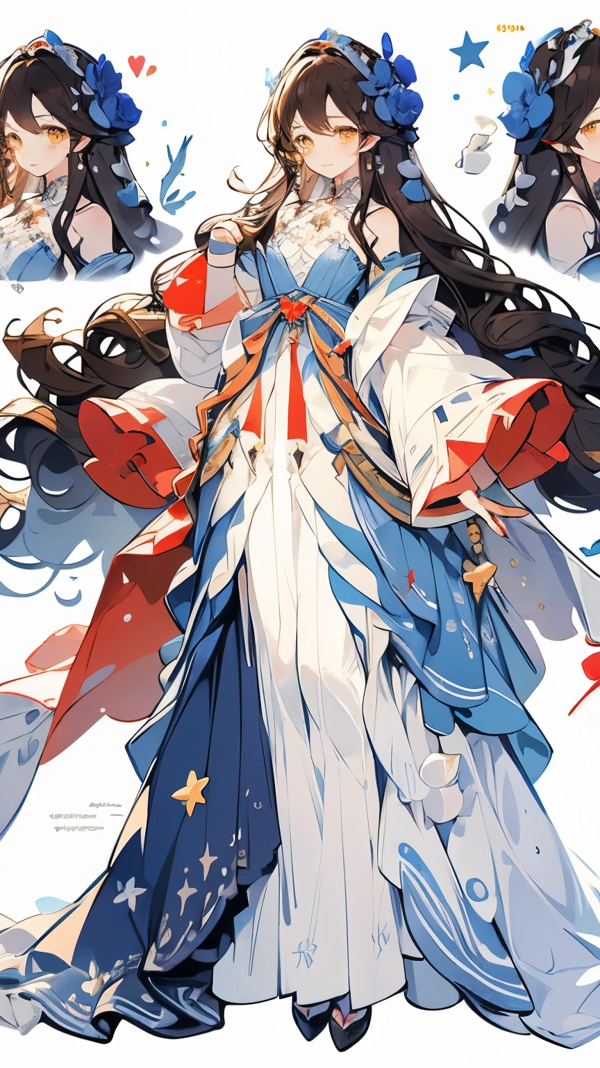 (masterpiece:1.2), best quality,PIXIV,blue dress,
1girl, long hair, dress, solo, white background, very long hair, star (symbol), simple background, full body, white dress, standing, holding, brown hair, hair ornament, long sleeves, wavy hair, bangs, brown eyes, detached sleeves, looking at viewer, sleeves past wrists, jewelry, yellow eyes