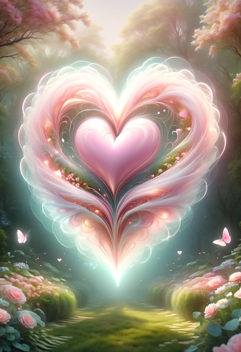pastel tones,Light style,cozy calm,nature,warm and comfortable,garden,hyper detailed masterpiece,dynamic,Amazing quality,Floating extra large ethereal pink heart DonMW15pXL
