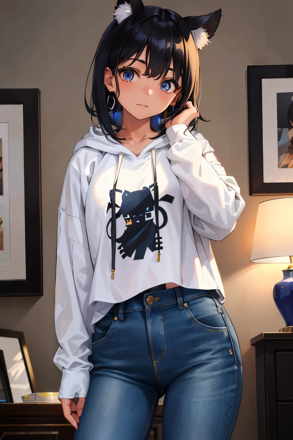 In the dimly lit confines of a bedroom, a solo figure of a young girl can be seen. With bangs that cascade down her forehead, short black hair is styled messily around her shoulders. She's clad in a comfortable white hoodie with a drawstring, which she's pulled up to cover her head, revealing only her eyes and her nose.
Holding a smartphone in her hand, she's positioned in front of a large mirror, her long sleeves slightly pushing up the roll-up sleeves of her jeans. The jeans are of the denim variety and are made unique by the intricate jewelry earrings adorning her ears.
Self-consciously,