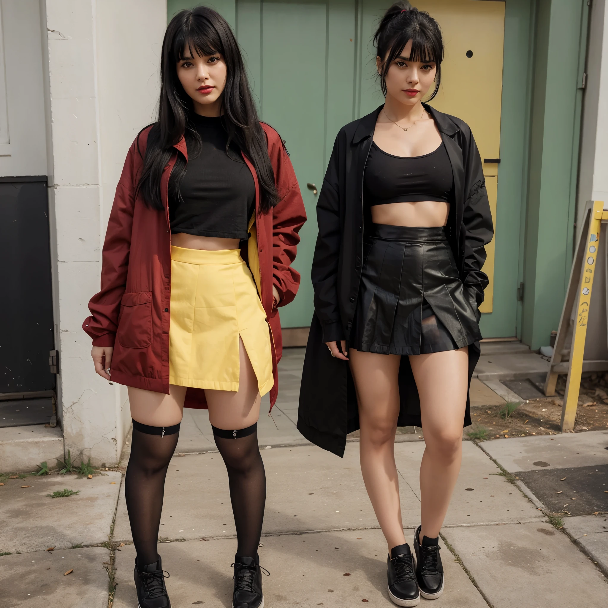 1 girl, black hair with green bangs, red lips, sheer shirt, jacket on top, with a pladded black skirt, thigh-highs, yellow oversized shoes