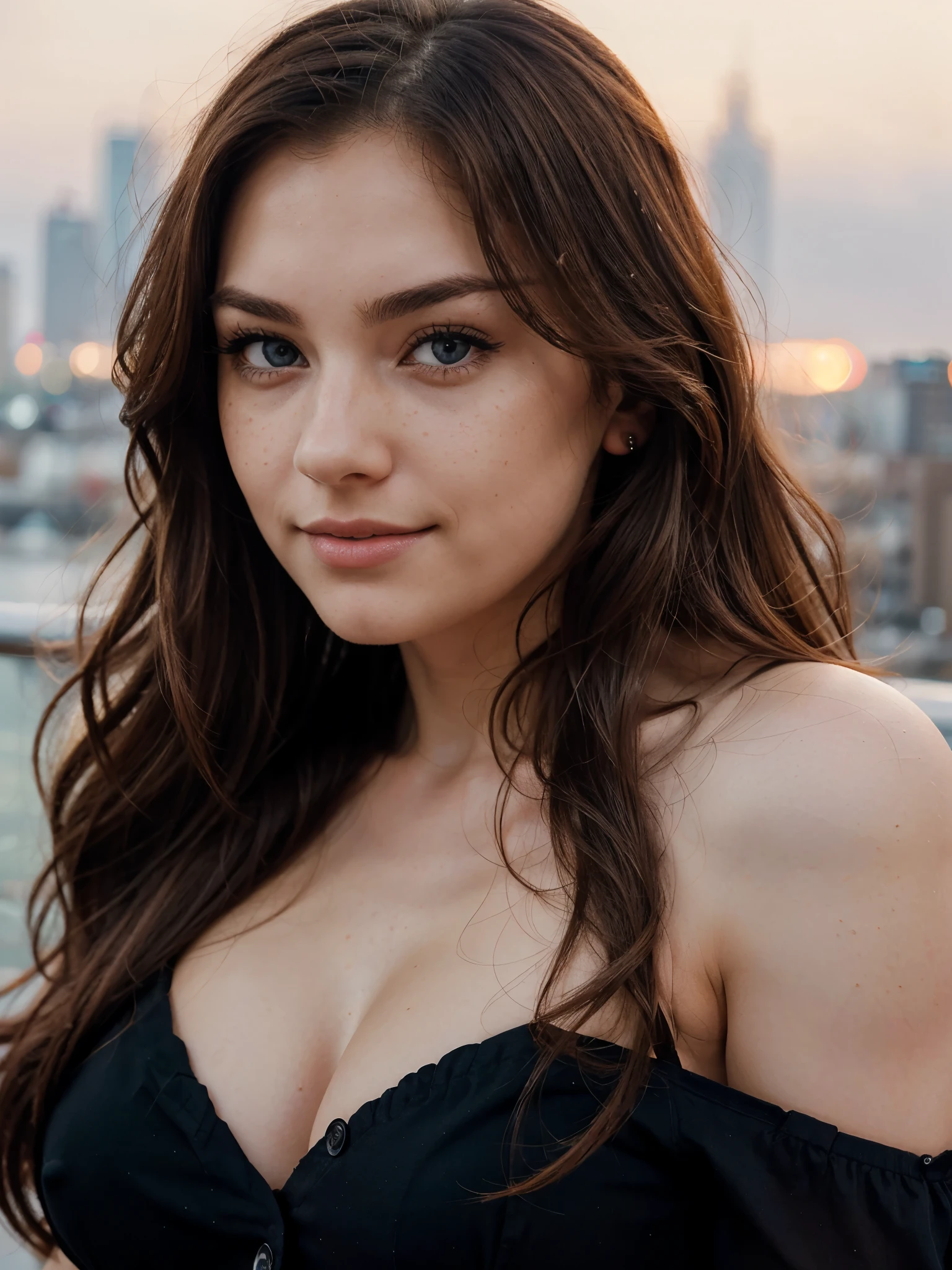 a 22 year old woman, serious expression and striking appearance. My brown hair falls to my shoulders in long waves, framing my face and highlighting my blue eyes. My full lips are slightly parted, as if I'm about to say something. Her button nose is dotted with freckles that contrast with my pale skin. My eyebrows are thick and dark, giving me a bold look. My cheekbones are high and defined and my eyelashes are long and curled. she shows off my curves
self-shot, Wind, Sunset, Cityscape, (Aesthetics and atmosphere:1.2),Smiling