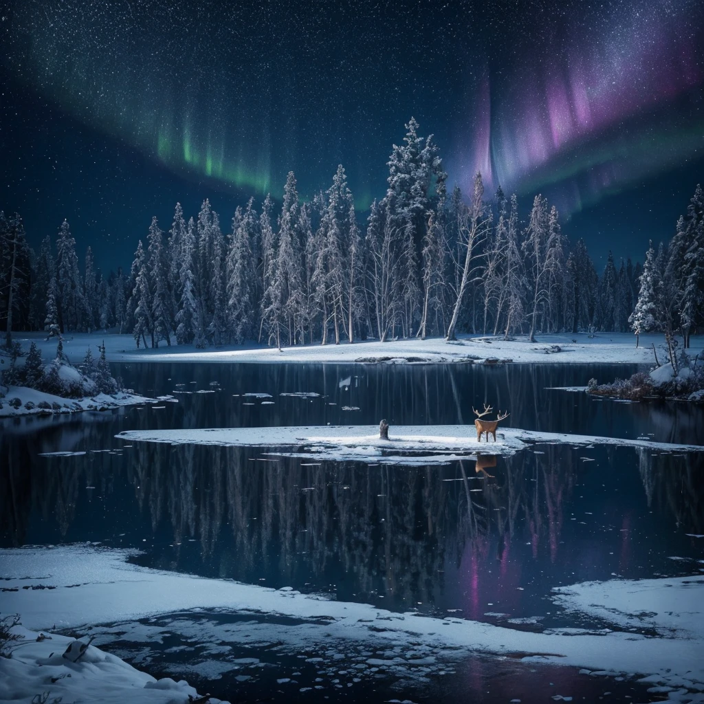(A masterpiece with resolutions up to 16K), best quality,(((intricate details:1.4))), (((Extremely crazy details:1.4))),(Quality of 16k Unified Highly Detailed CG wallpaper),(Soft Colors 16k Highly Detailed Digital Art),super detailed. | stunning reflection, The best reflection ever, (Glitter), (particle effects), Isometric 3D, octane rendering, laser tracing. Frozen lake in Lapland at night in the middle of winter,a frozen lake with dim light,the night sky is filled with splendid with the breathtaking Northern Lights reflecting on the frozen lake surface, many colors,a shooting star can be seen, dense forest frozen, a magnificent reindeer with its imposing antlers reflected in the frozen lake