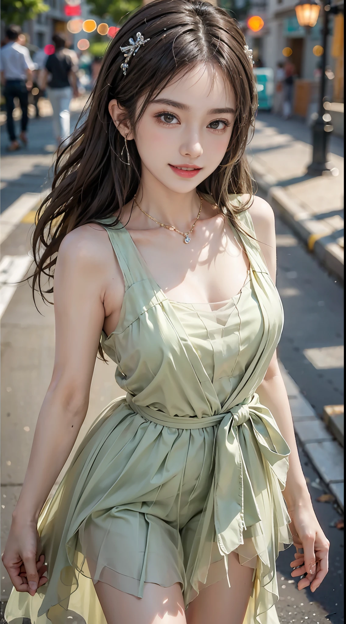 Sweet girl clothes9,yellow dress, ((full body)), ((leaning forward)), (上身前倾, 弯腰), ((from above)), ((realistic)), 1girll, posed for photo, Outdoor scene, the night, lamplight, Stand up, Pleasing posture, Eye-catching poses, pretty legs, looking at viewert, Detailed scenes, curlies, Air bangs, Beautiful hair accessories, Brownish-yellow hair, light make-up, Blushlush, Gloss on lips, (Campus style), warm lights, a warm color palette, Detailed details, 超詳細, (tmasterpiece, best qualtiy), (An extremely delicate and beautiful work), Delicate earrings, Delicate necklace, Simple blurred background, Extreme detail description, Ultra-fine painting, Delicate face, slim toned body, Slimming the waist, (grin, happy grin, Baring teeth), (anatomy correct)