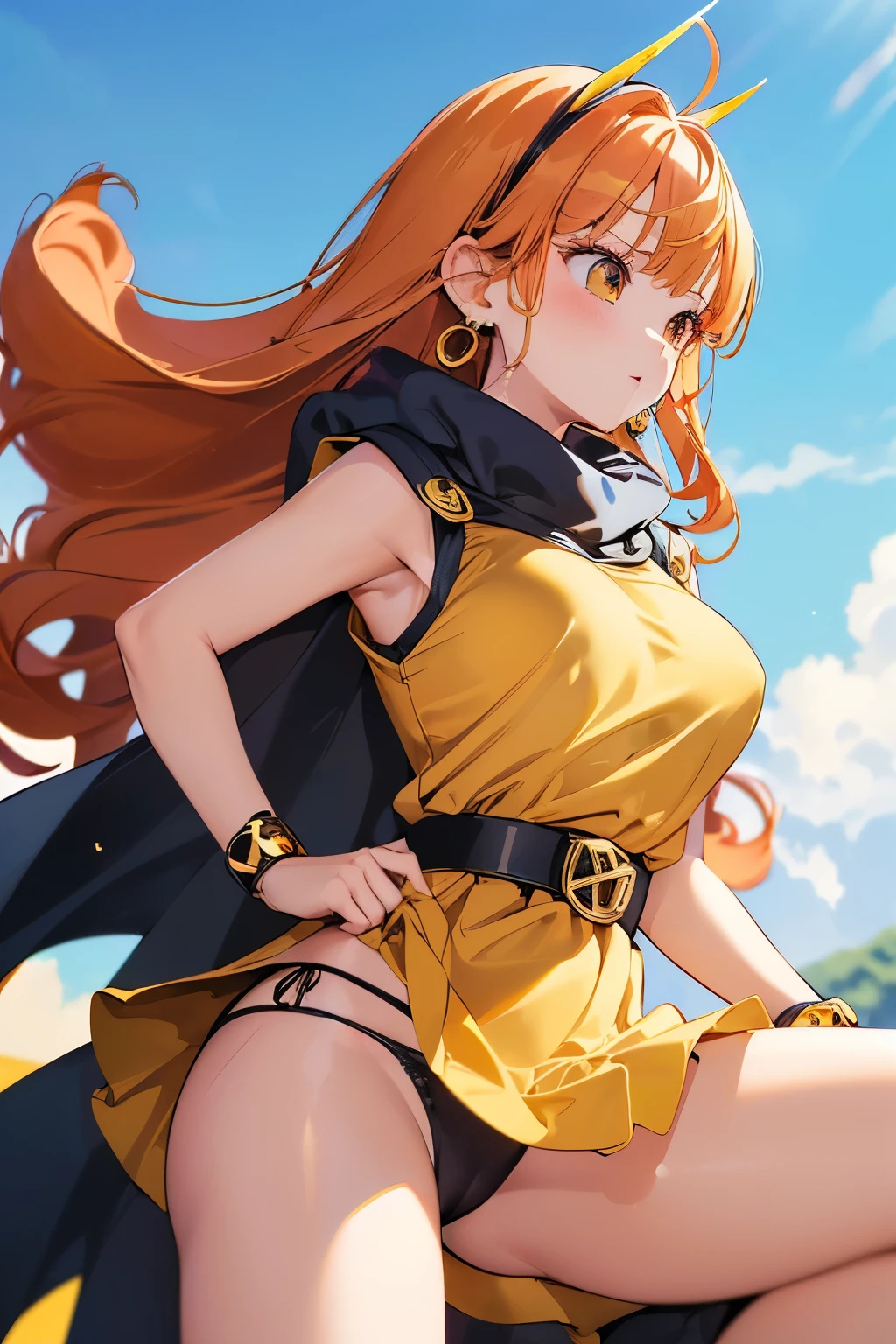 1 girl、High resolution、masterpiece、(alena-dq4、DQ4-ALENA、orange hair、earrings、cape、yellow dress、black tights)、detailed depiction of the face、profile、blush、、low length、slender、muscular、thin thighs、(((outdoor、tits、sexual panties with detailed decorations)))、dynamic posture、sexual pose