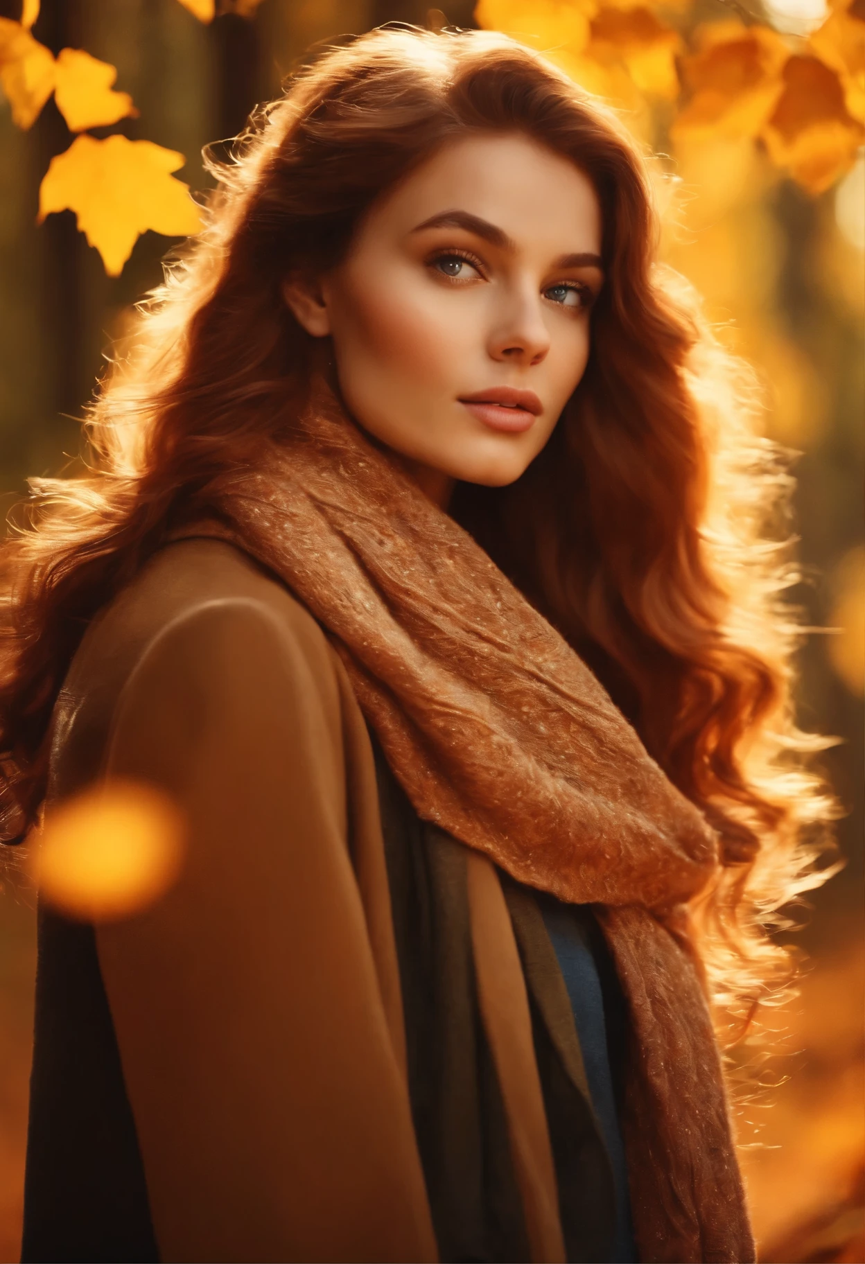 1girl, vibrant autumn leaves swirling, auburn hair, golden eyes reflecting sunset hues, cozy woolen scarf, warm earthy tones, nestled by a forest edge, gentle breeze, masterpiece, best quality,, official art, Professional, unity 8k wallpaper