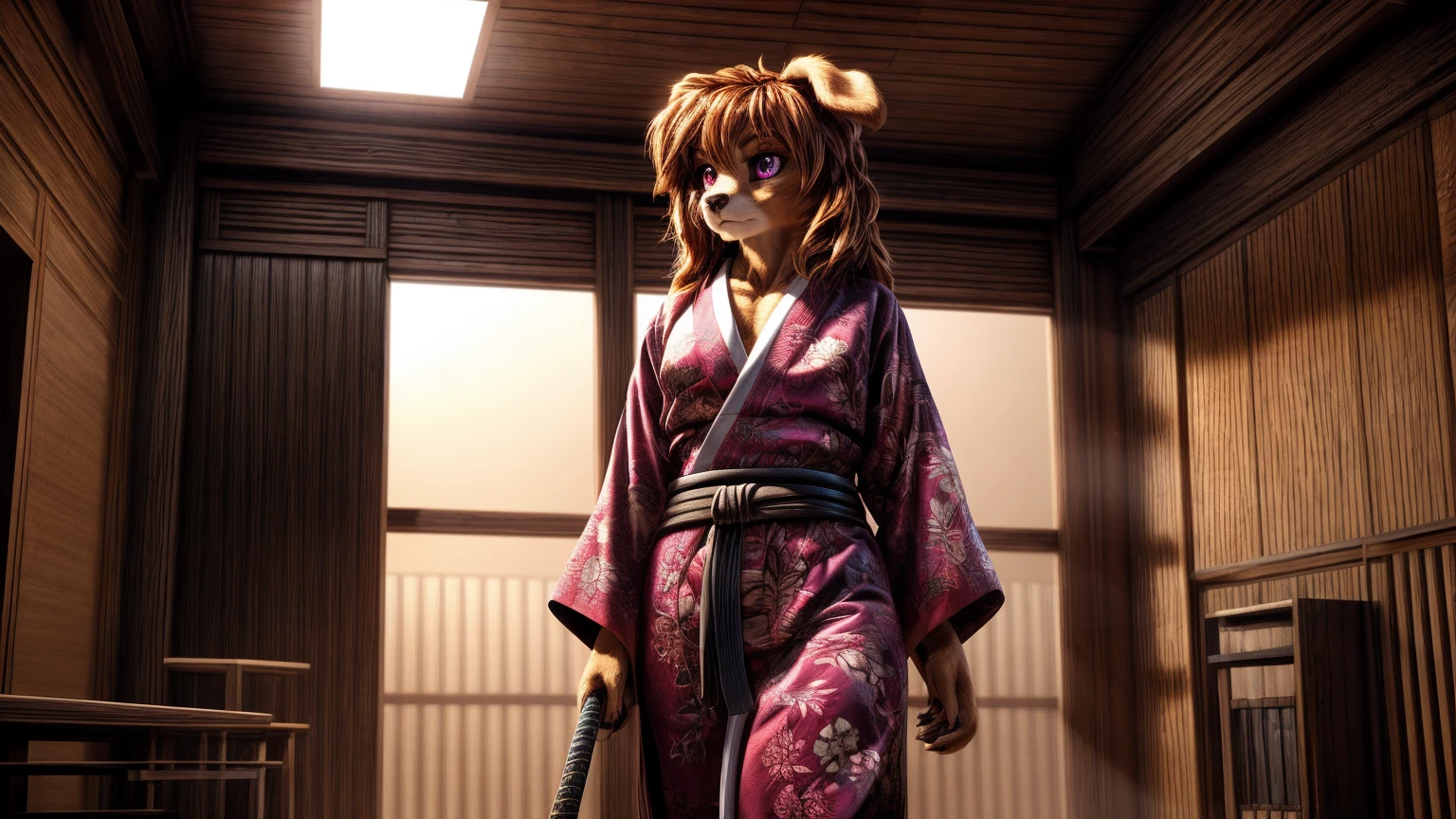 Skye, female, cockapoo, floppy ears, anthro, messy long ginger hair, magenta eyes, tall, curvy, muscular, tomboy, wearing a kimono, katana scabbard with belt around waist, serious, inside a dojo, solo, extremely detailed, beautiful, high quality, 4K, 8K, HDR