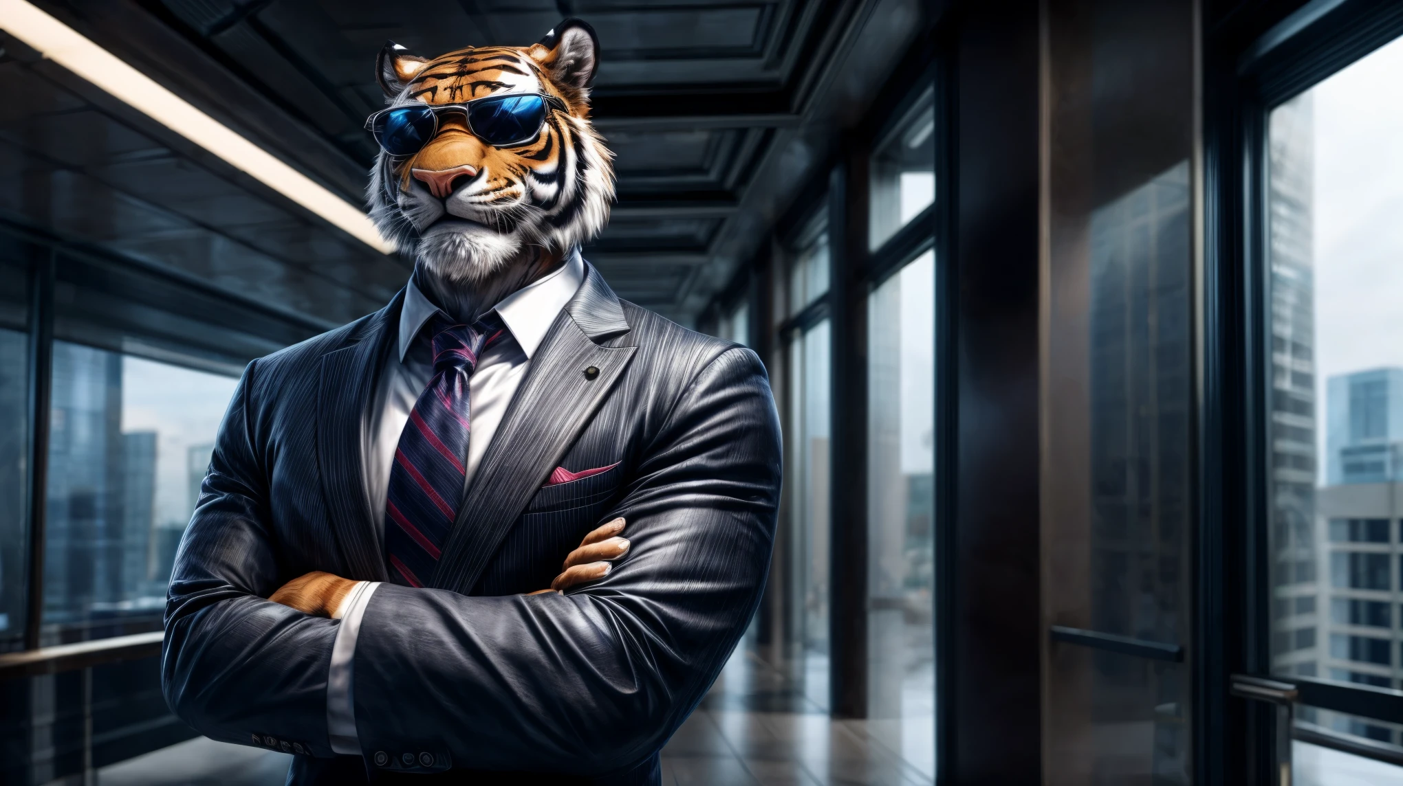 Male tiger, loan shark suit with tie, sunglasses, crossed arms, solo, extremely detailed, high quality, 4K, 8K, HDR