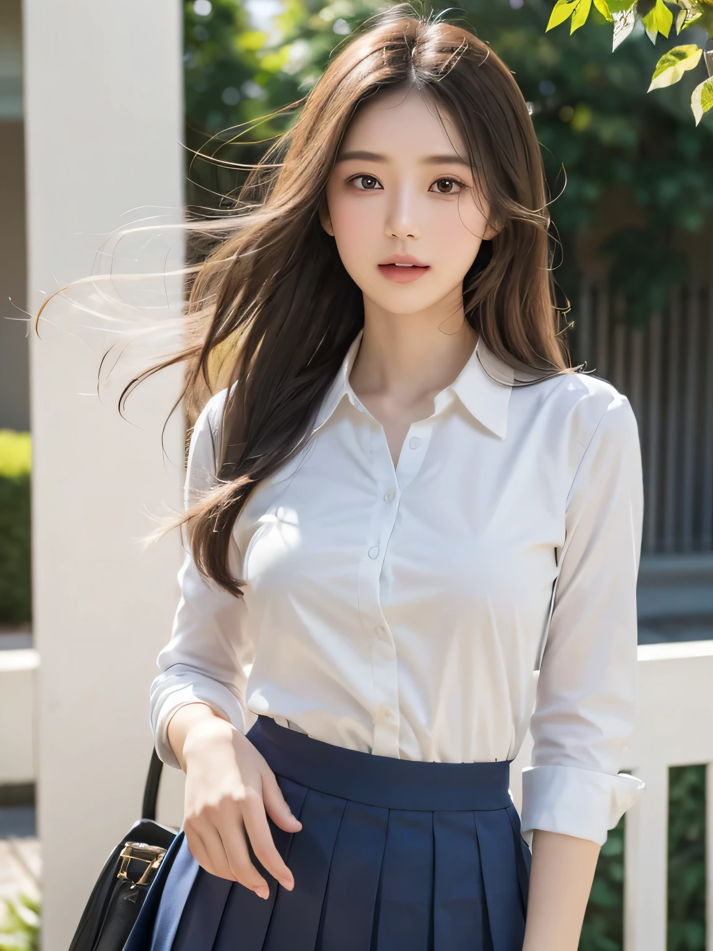 woman in a school uniform,half body shot,flowing hair,best quality,highres,on the outside of the school,focused and determined expression,vibrant colors,sunlight filtering through the fence,gentle breeze blowing her hair,meticulously detailed fabric and texture,impeccable stitching and buttons,pleats and folds in the uniform creating a sense of movement,highlighted contours and shading,realistic skin tones and subtle blush,crisp and clear lines,professional-grade rendering,subtle hint of nostalgia,soft pastel color palette,evoking a sense of tranquility,subtle lens flare adding a touch of whimsy,prominent shadows creating depth and dimension