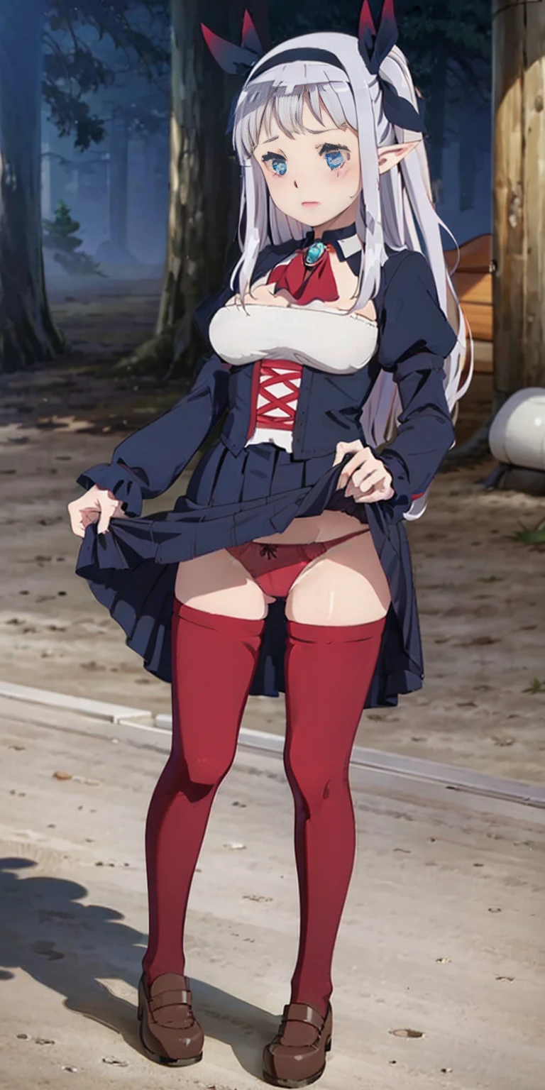 masterpiece,best quality,highres,ultra-detailed,aaloo,long hair,two side up,bangs,hair ribbon,(black hairband:1.2),breasts,brooch,red ascot,black dress,long sleeves,puffy sleeves,black skirt,(red pantyhose:1.2),black footwear,(skirt lift:1.4),(panties under pantyhose:1.4),blush,(embarrass:1.2),outdoors,garden, over-kneehighs,(panties:1.2), garter straps,choker