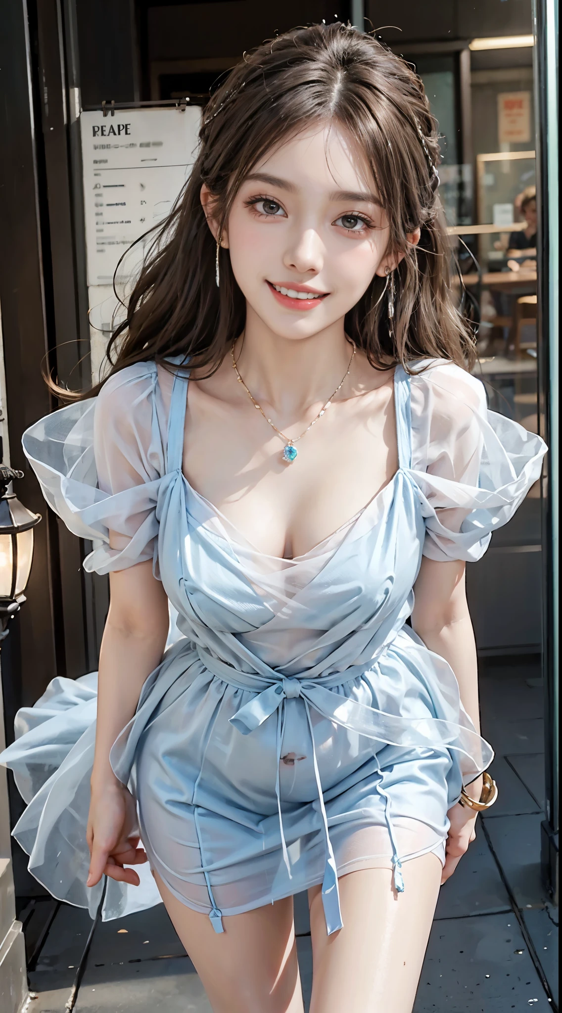 Sweet girl clothes8,(gem:1.3), ((full body)), ((leaning forward)), (上身前倾, 弯腰), ((from above)), ((realistic)), 1girll, posed for photo, Outdoor scene, the night, lamplight, Stand up, Pleasing posture, Eye-catching poses, pretty legs, looking at viewert, Detailed scenes, curlies, Air bangs, Beautiful hair accessories, Brownish-yellow hair, light make-up, Blushlush, Gloss on lips, (Campus style), warm lights, a warm color palette, Detailed details, 超詳細, (tmasterpiece, best qualtiy), (An extremely delicate and beautiful work), Delicate earrings, Delicate necklace, Simple blurred background, Extreme detail description, Ultra-fine painting, Delicate face, slim toned body, Slimming the waist, (grin, happy grin, Baring teeth), (anatomy correct)