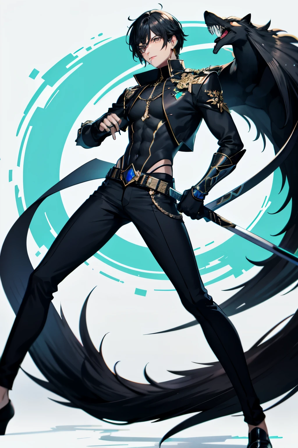 Garoto (homem) com olhos verdes, messy black hair, uma espada azul brilhante, with black jagueta and black pants, asas negras na suas costas afiadas e brilhantes, em pose de batalha