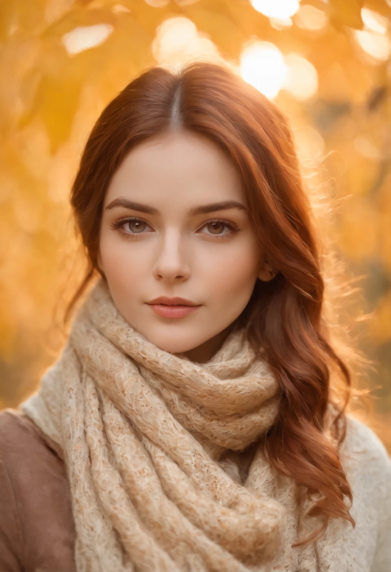 1girl, vibrant autumn leaves swirling, auburn hair, golden eyes reflecting sunset hues, cozy woolen scarf, warm earthy tones, nestled by a forest edge, gentle breeze, masterpiece, best quality,, official art, Professional, unity 8k wallpaper