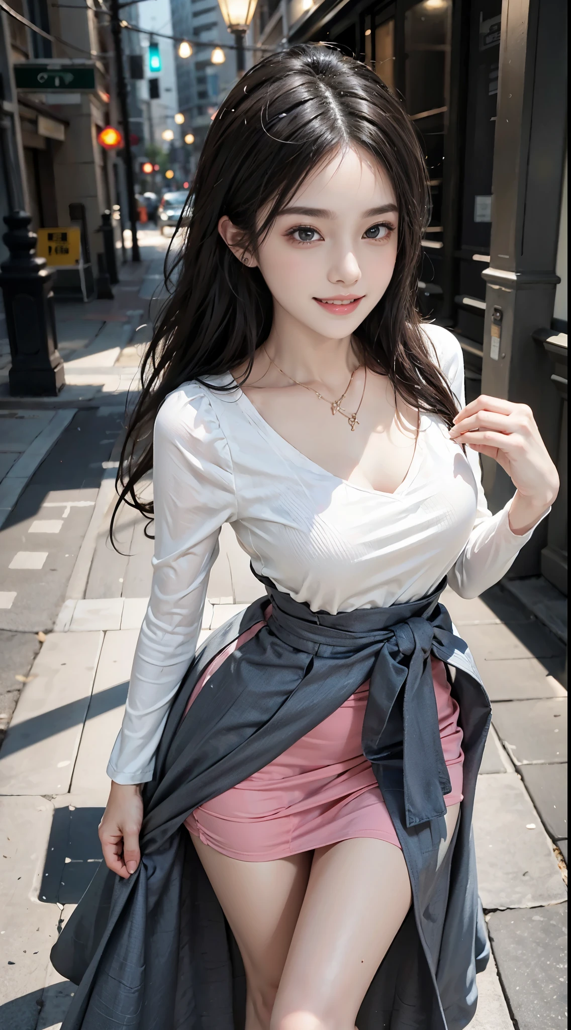 Special clothes53,dress, ((full body)), ((leaning forward)), (上身前倾, 弯腰), ((from above)), ((realistic)), 1girll, posed for photo, Outdoor scene, the night, lamplight, Stand up, Pleasing posture, Eye-catching poses, pretty legs, looking at viewert, Detailed scenes, curlies, Air bangs, Beautiful hair accessories, Brownish-yellow hair, light make-up, Blushlush, Gloss on lips, (Campus style), warm lights, a warm color palette, Detailed details, 超詳細, (tmasterpiece, best qualtiy), (An extremely delicate and beautiful work), Delicate earrings, Delicate necklace, Simple blurred background, Extreme detail description, Ultra-fine painting, Delicate face, slim toned body, Slimming the waist, (grin, happy grin, Baring teeth), (anatomy correct)