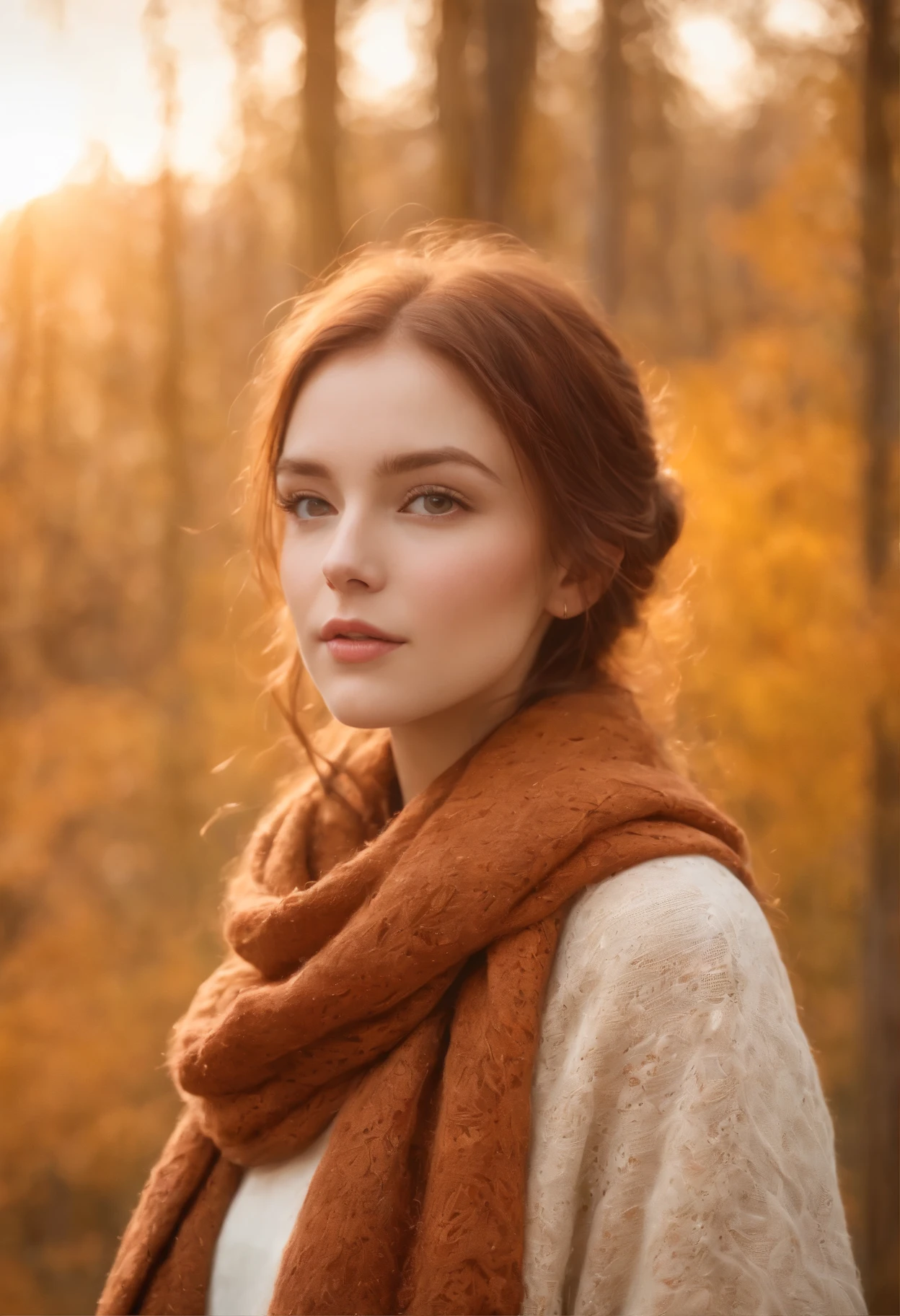 1girl, vibrant autumn leaves swirling, auburn hair, golden eyes reflecting sunset hues, cozy woolen scarf, warm earthy tones, nestled by a forest edge, gentle breeze, masterpiece, best quality,, official art, Professional, unity 8k wallpaper