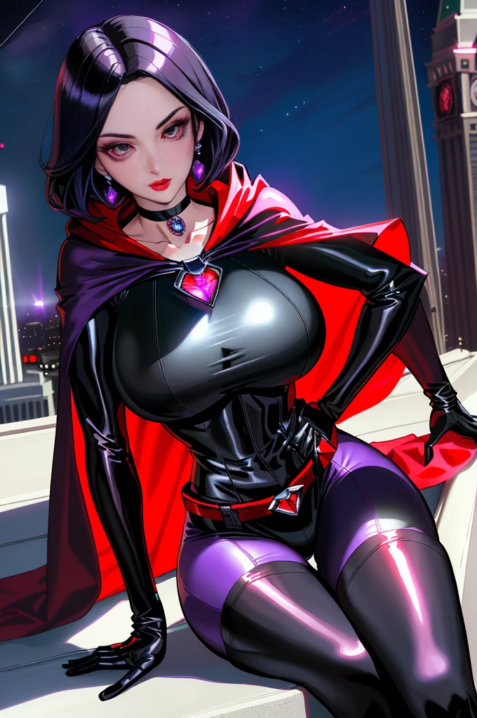 ((squatting))((Raven from D.C. comic series))  ((beautiful face))((very pale skin)) (red lips) ((big bright eyes)) ((short black hairstyle)) ((very huge breasts)) (perfect slim body) ((wears purple bodySuit, cape and hood)) ((choker, gloves, long stocking)) ((forehead red gem, red gems chain belt)) ((posing sexy on skycrapper rooftop at night)) (high definition, dynamic lights and shadows) ((masterpiece)) (8k) (perfect face) (best quality) (perfect hands and eyes)