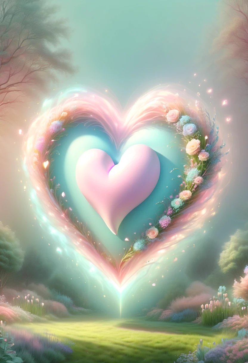 (pastel tones:1.5),Light style,cozy calm,nature,warm and comfortable,garden,hyper detailed masterpiece,dynamic,Amazing quality,Floating extra large ethereal pink heart DonMW15pXL