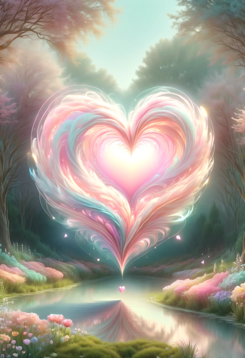 (pastel tones:1.5),Light style,cozy calm,nature,warm and comfortable,garden,hyper detailed masterpiece,dynamic,Amazing quality,Floating extra large ethereal pink heart DonMW15pXL