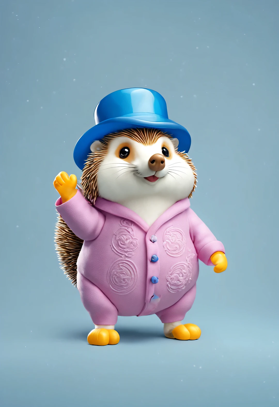 3D style doll design, (a very fat, fashionable, and cute little hedgehog), (wearing pink and blue Chinese cheongsam), winter scarf, jeans, gloves, bow, small round hat (decorated with flowers or feathers),
Excited and happy smile, wearing a yellow sun hat, jumping and dancing, with a smile on his face, shining with white fur, bright big eyes, fluffy tail, exquisite and delicate, fairy tale like, super details, Pixar style, bright colors, natural lighting, solid simple background, 5 and ctane rendering, very popular on the art station, gorgeous, ultra wide angle, 8k, high-definition and realistic,