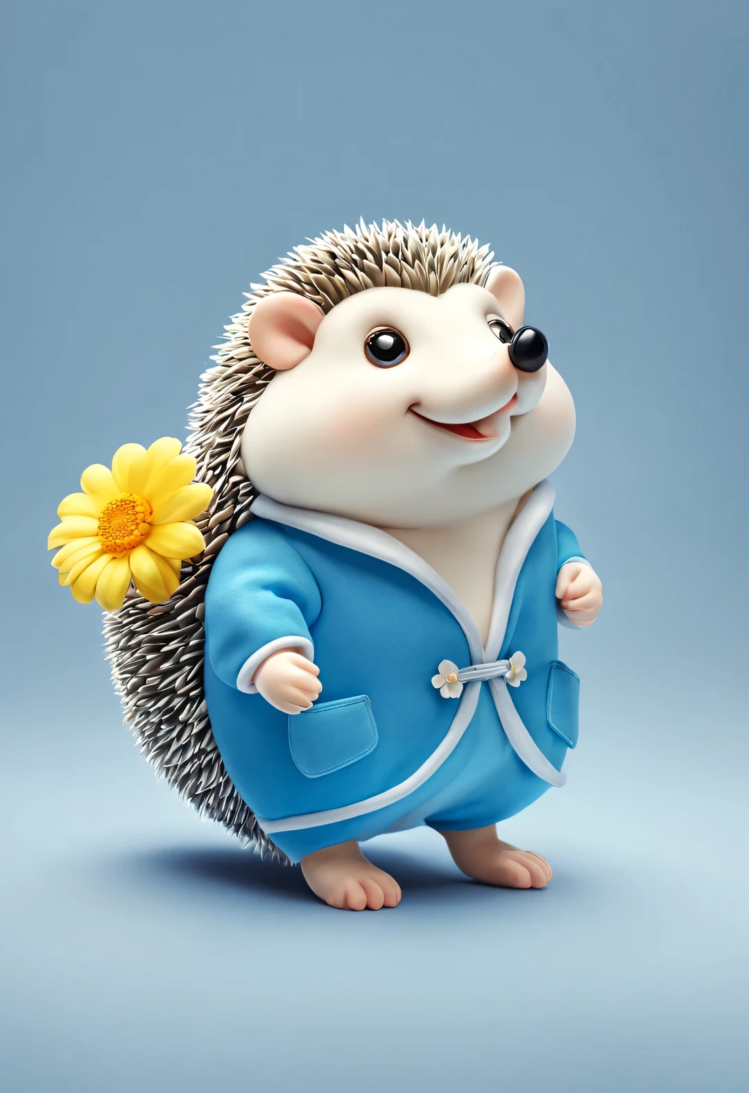 3D style doll design, (a very fat, fashionable, and cute little hedgehog), (wearing pink and blue Chinese cheongsam), winter scarf, jeans, gloves, bow, small round hat (decorated with flowers or feathers),
Excited and happy smile, wearing a yellow sun hat, jumping and dancing, with a smile on his face, shining with white fur, bright big eyes, fluffy tail, exquisite and delicate, fairy tale like, super details, Pixar style, bright colors, natural lighting, solid simple background, 5 and ctane rendering, very popular on the art station, gorgeous, ultra wide angle, 8k, high-definition and realistic,