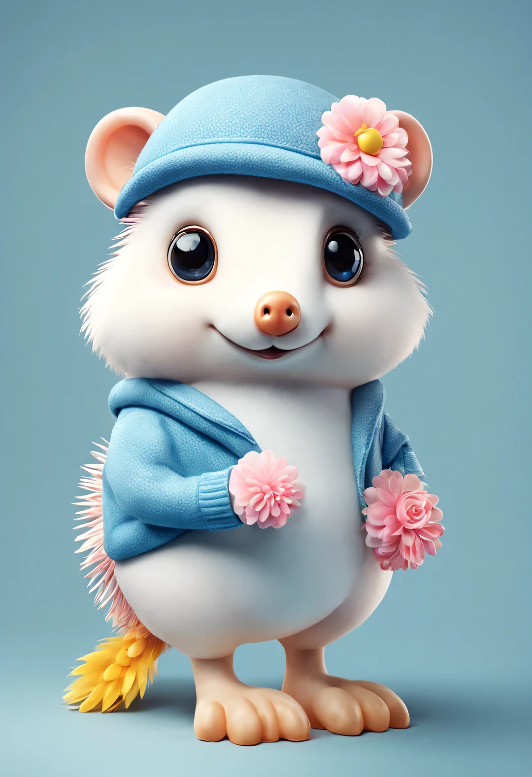 3D style doll design, (a very fat, fashionable, and cute little hedgehog), (wearing pink and blue Chinese cheongsam), winter scarf, jeans, gloves, bow, small round hat (decorated with flowers or feathers), (female) handbag, cotton, linen, wool,
Excited and happy smile, wearing a yellow sun hat, jumping and dancing, with a smile on his face, shining with white fur, bright big eyes, fluffy tail, exquisite and delicate, fairy tale like, super details, Pixar style, bright colors, natural lighting, solid simple background, 5 and ctane rendering, very popular on the art station, gorgeous, ultra wide angle, 8k, high-definition and realistic