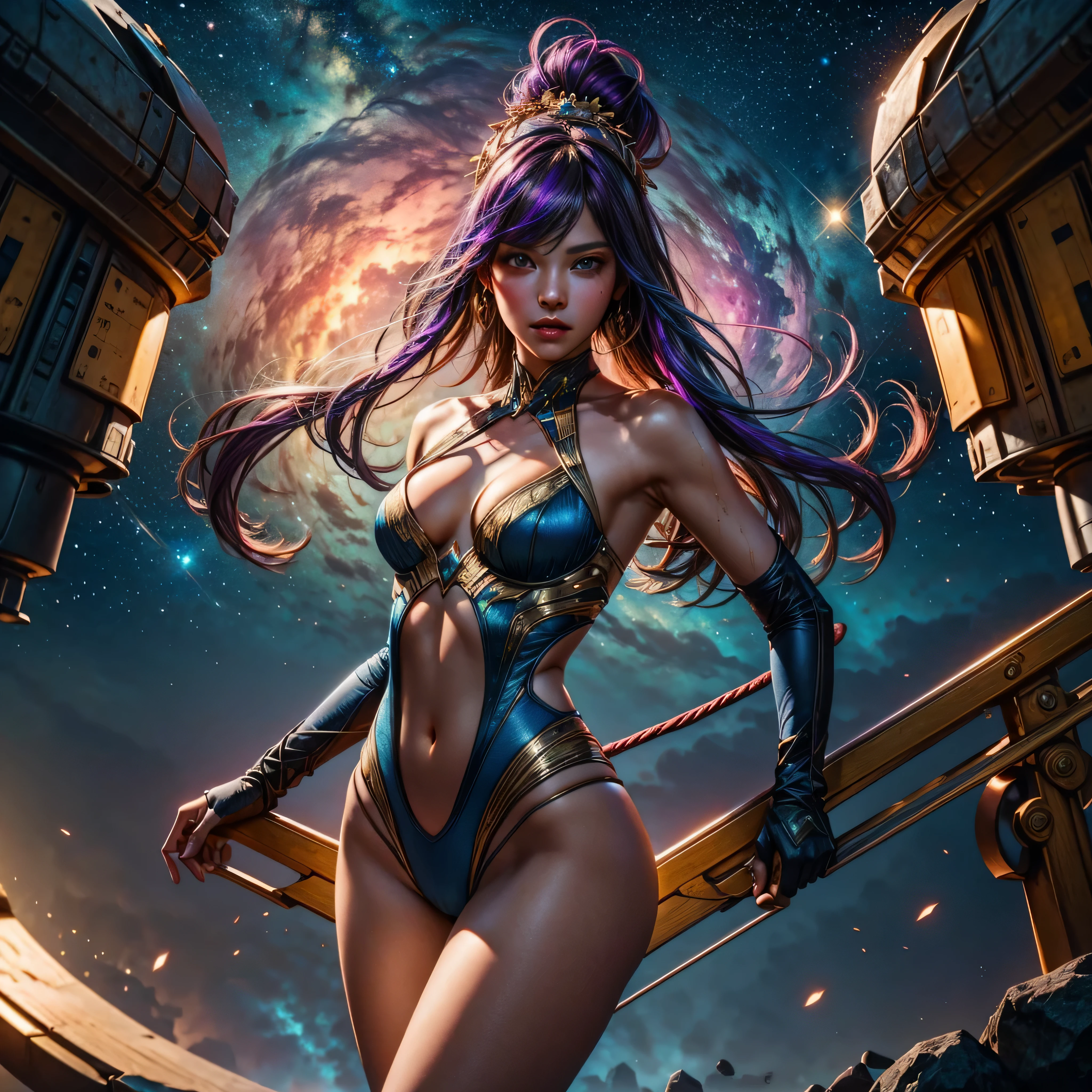 epic Nebulae stunning nebula vibrant hues ethereal interstellar sparks curiosity birth evolution stars Sun hyper starry_sky spacious SunShine panoramic sunset ultra sunrise ((Cinematic light, Best quality, Masterpiece :1.3)), 1girl, Beautiful woman with thin abs :1.4, (purple hair, small breasts :1.3), rope panties, bra :1.2, hopefully falling, seductive open lips, urban, ultra-detailed face, detailed eyes, double eyelidwork, best quality, Neeko, hair ornaments, hair flower, body paint, calango tail, trying to be sexy,((golden outfits fashion suit)), showing sweaty armpits, steamy, sexual teasing, ((standing split)), fight position, hands shining purple, see-through bikini, deep path Equirectangular_360 street UnrealEngine5 Ultra Masterpiece Cinematic_sunlight ultra Pro_Photo-realistic optimal ultra_high-quality opengl-shaders ultra_high-details accurate reflex ultra_high-resolution perfection volumetric lightning improved Octane_rendues ultra_high-definition UHD XT3 DSLR HDR 3dcg shadow analogiques extatiques symmetrical dazzling Will-o'-the-wisp global luminescence plasma hearth incandescente reflection varied multi etc. --v 6 --s 1000 --c 20 --q 20 --chaos 100