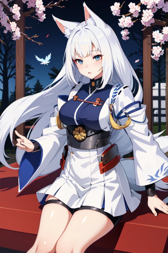 Azur Lane Kaga, 1 girl, i character, anime girl with white hair and blue dress, white - haired fox, white fox anime, fox nobushi, 9 tails, 9 fox tails, 9 white fox tails, white fox, vampire white fox, azur lane style, official character art, kemono, white cat girl, art of kirokaze pixel, ahri, onmyoji, characters from azur lane, cherry tree background, 