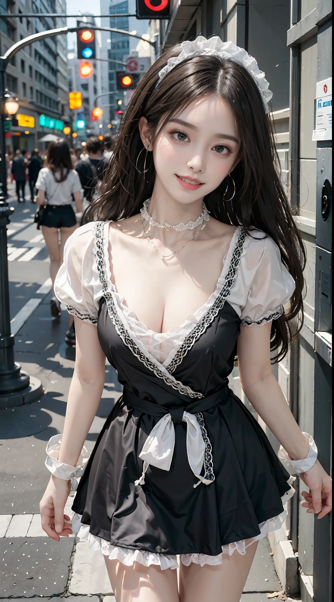 Special clothes39,maid, ((full body)), ((leaning forward)), (上身前倾, 弯腰), ((from above)), ((realistic)), 1girll, posed for photo, Outdoor scene, the night, lamplight, Stand up, Pleasing posture, Eye-catching poses, pretty legs, looking at viewert, Detailed scenes, curlies, Air bangs, Beautiful hair accessories, Brownish-yellow hair, light make-up, Blushlush, Gloss on lips, (Campus style), warm lights, a warm color palette, Detailed details, 超詳細, (tmasterpiece, best qualtiy), (An extremely delicate and beautiful work), Delicate earrings, Delicate necklace, Simple blurred background, Extreme detail description, Ultra-fine painting, Delicate face, slim toned body, Slimming the waist, (grin, happy grin, Baring teeth), (anatomy correct)