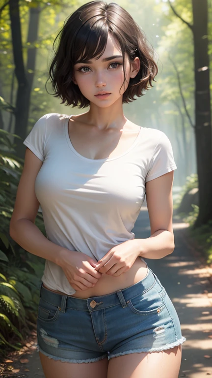 (8k,RAW Photos、RAW Photos、highest quality、Masterpiece:1.2)、１girl、１Middle-aged men、Very detailed、Super Resolution、((Misty jungle:1.4))、(Photorealistic:1.3)、((Cowboy Shot:1.4))、Clear depiction of light and shadow、High-resolution RAW color photos、Professional photos、(((natural Park:1.4)))、Draw faithfully to anatomy、Very detailed and beautiful、super high quality、((girl with short cut hair:1.4))、((Carrying a backpack:1.4))、((Dark blue tank top shirt:1.4))、((In the rainforest:1.4))、((Denim skirt that highlights your thighs:1.4))、Upper Body、((girl wearing a pochette on her shoulder:1.4))、((Confused expression:1.4))、Adhesive plaster on the knee:1.7、