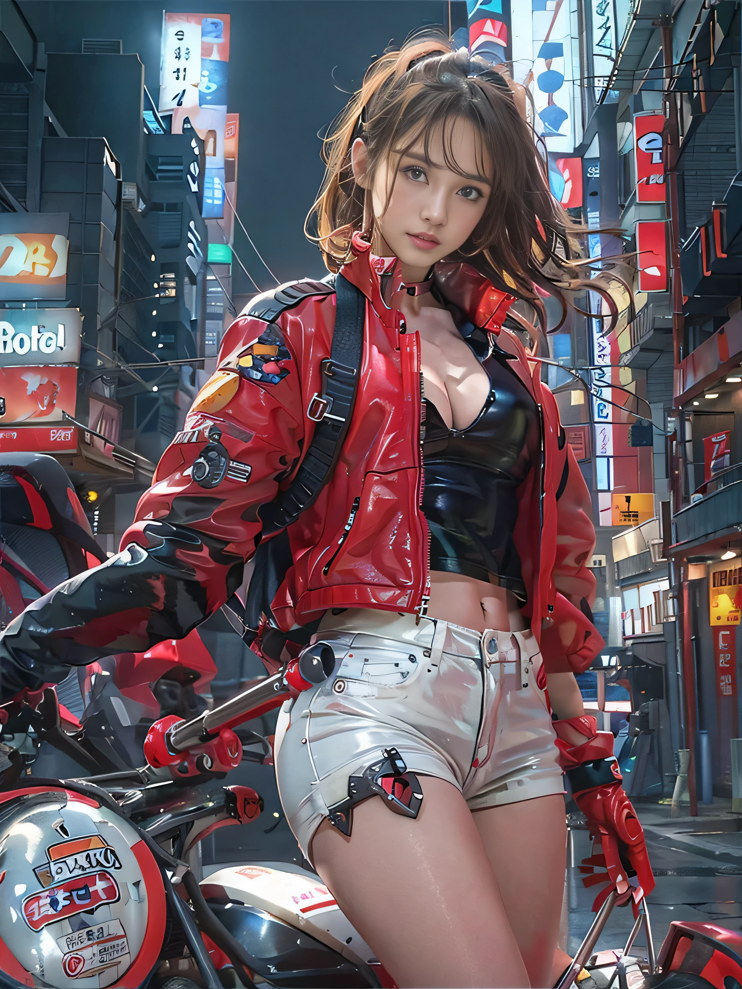 official art, highest quality, masterpiece, ultra high resolution, (Photoreal:1.4), RAW photo, ((Super realistic details)), portrait, global illumination, Shadow, octane rendering, 8K, super sharp, Asuka, Eva 02, 1 girl, , black hair, (long hair fluttering in the wind), Detailed facial depiction, Almond-shaped sky blue eyes, long eyelashes, glossy lips, Tsundere and playful look, (Red low-rise leather pants), (Pure White Cropped T-Shirt:1.4), (Underbust exposure), (Red Down Jacket:1.1), big breasts thin waist, (1 Akira Bike Red:1.4), night, Cyberpunk City View, Ultra-detailed CG image quality,