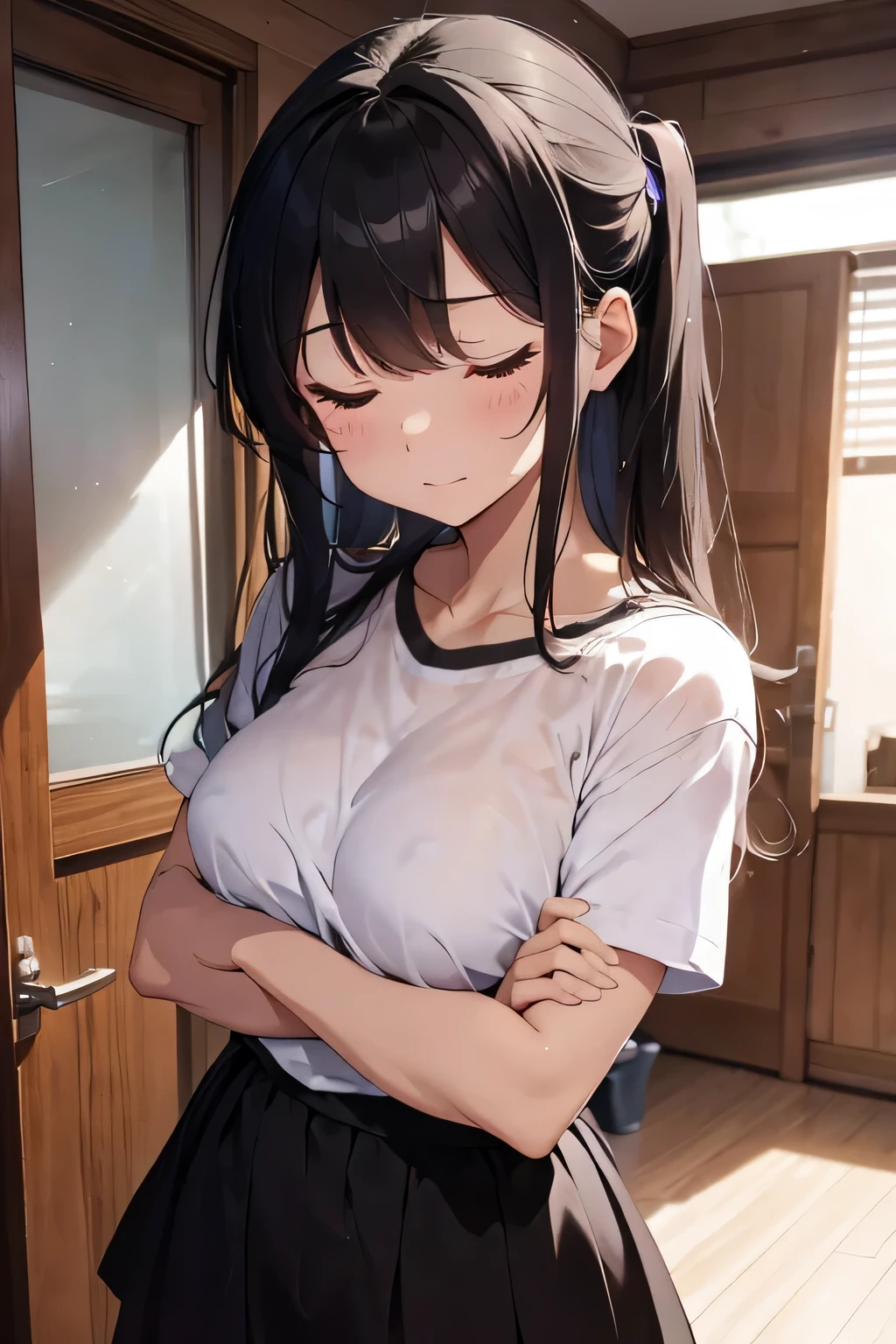 Clothes are where you want to go々torn, girl hiding her chest with her arms, screaming, eyes closed, tears, small breasts, nipple, pubic hair, shame,