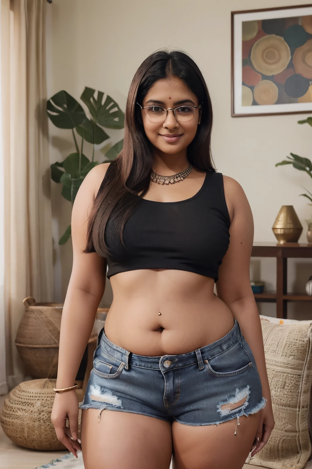 (RAW, masterpiece, hyper-realistic) desi Indian woman wearing (black crop top:1.3) and (denim shorts), 20 years old,(chubby cheeks), (curvy body:1.2), (eyeglasses), (bindi), An Indian beauty, charismatic, dark Indian- skin, view the viewer, naughty smile, in a beach, bokeh, (detailed facial features, same eyes)