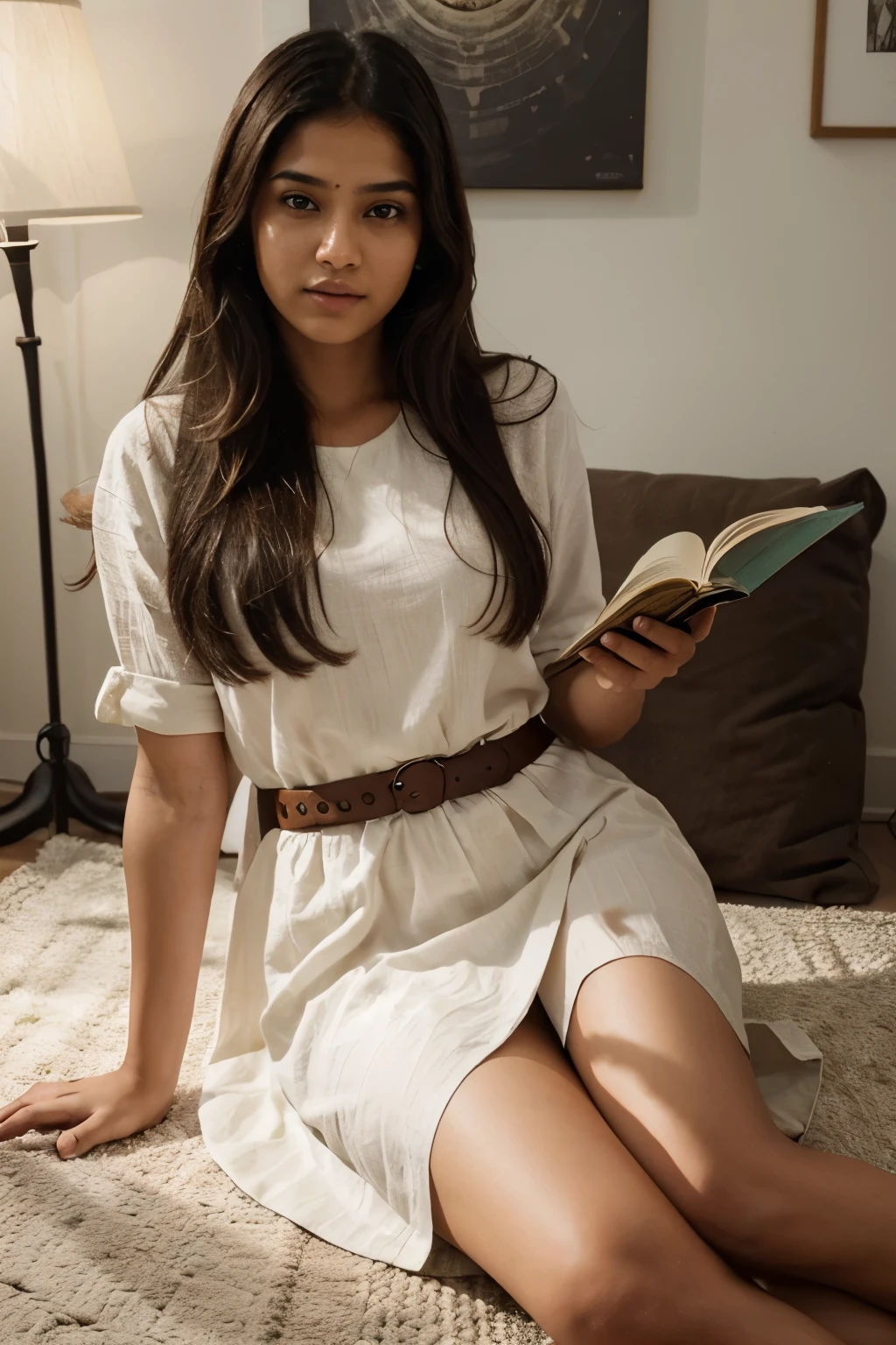 Generate an image of a modern Indian girl in her late s or early twenties, sitting comfortably in a well-lit, contemporary room. The setting should reflect a blend of traditional and modern elements. The girl should be dressed in a stylish yet culturally influenced outfit, such as a modernized Indian dress or fusion wear. The clothing should be vibrant and tasteful. The girl should be sitting on a chair or a comfortable cushion, engrossed in reading a giant-sized book. Her facial expression should convey a sense of focused concentration and enjoyment. The book she's holding should be oversized, nearly as big as she is. It should appear open, and the pages should be visible, giving the impression that she's genuinely immersed in the content. Ensure that the book cover is prominently facing the viewer. The cover should be entirely white, providing a blank canvas for potential editing or customization. The title or any other details on the cover should be left intentionally blank. Surround the girl with a modern, yet culturally inspired background. This could include contemporary furniture, subtle traditional artwork, or other elements that create a harmonious blend of the old and the new. Use natural, soft lighting to enhance the atmosphere. The light should fall on the girl, casting realistic shadows and highlights to add depth to the scene. Pay attention to realistic facial features, ensuring the girl's appearance aligns with modern Indian aesthetics. Generate the image with high resolution and attention to detail. Keep the book cover completely white, allowing for easy post-editing to insert custom designs or text. Aim for a realistic and detailed style, with a focus on capturing the nuances of facial expressions, clothing textures, and the overall ambiance.