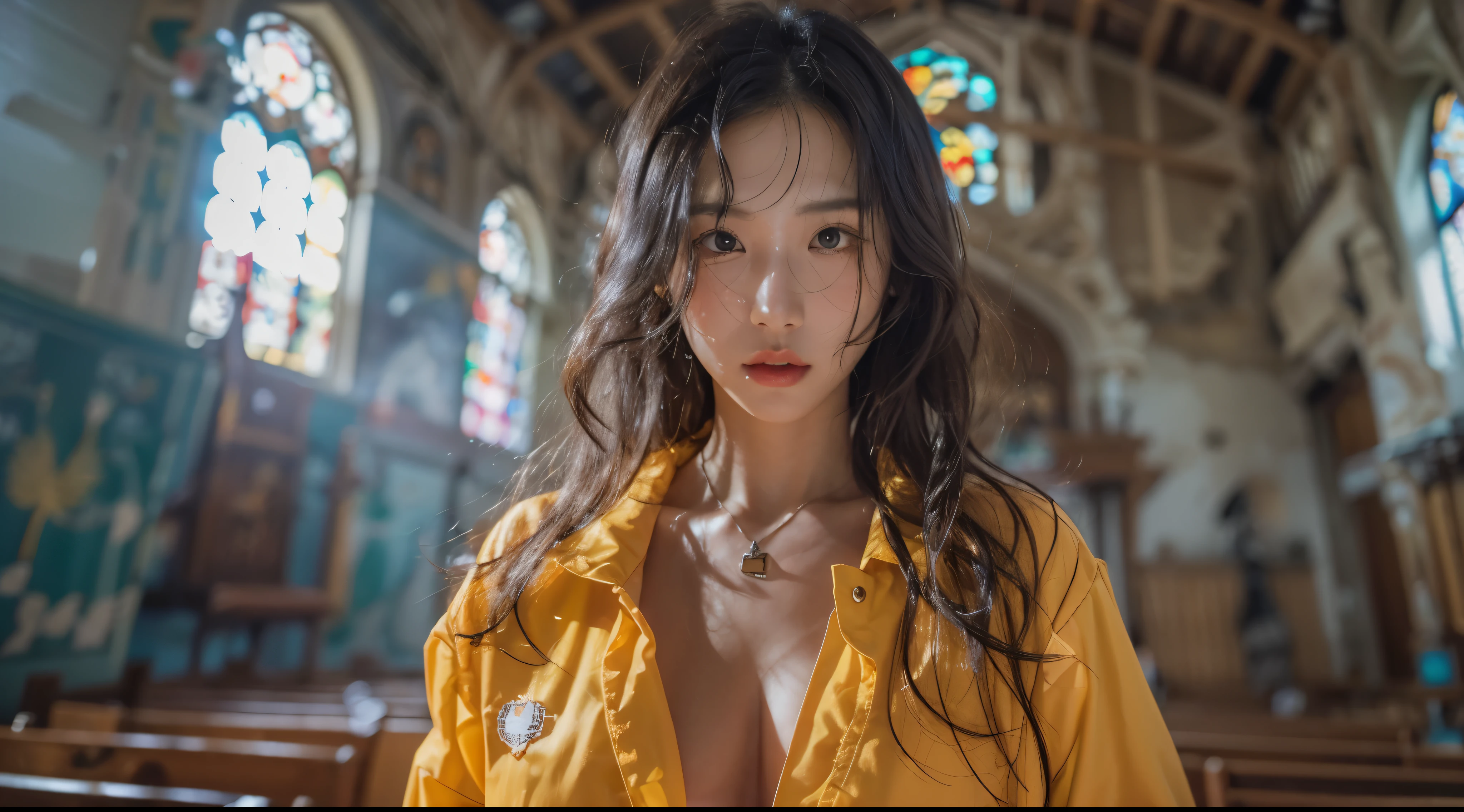 Fullbody length A Korea girl (fighting) (in church) , details face , (wear bomber jacket yellow)