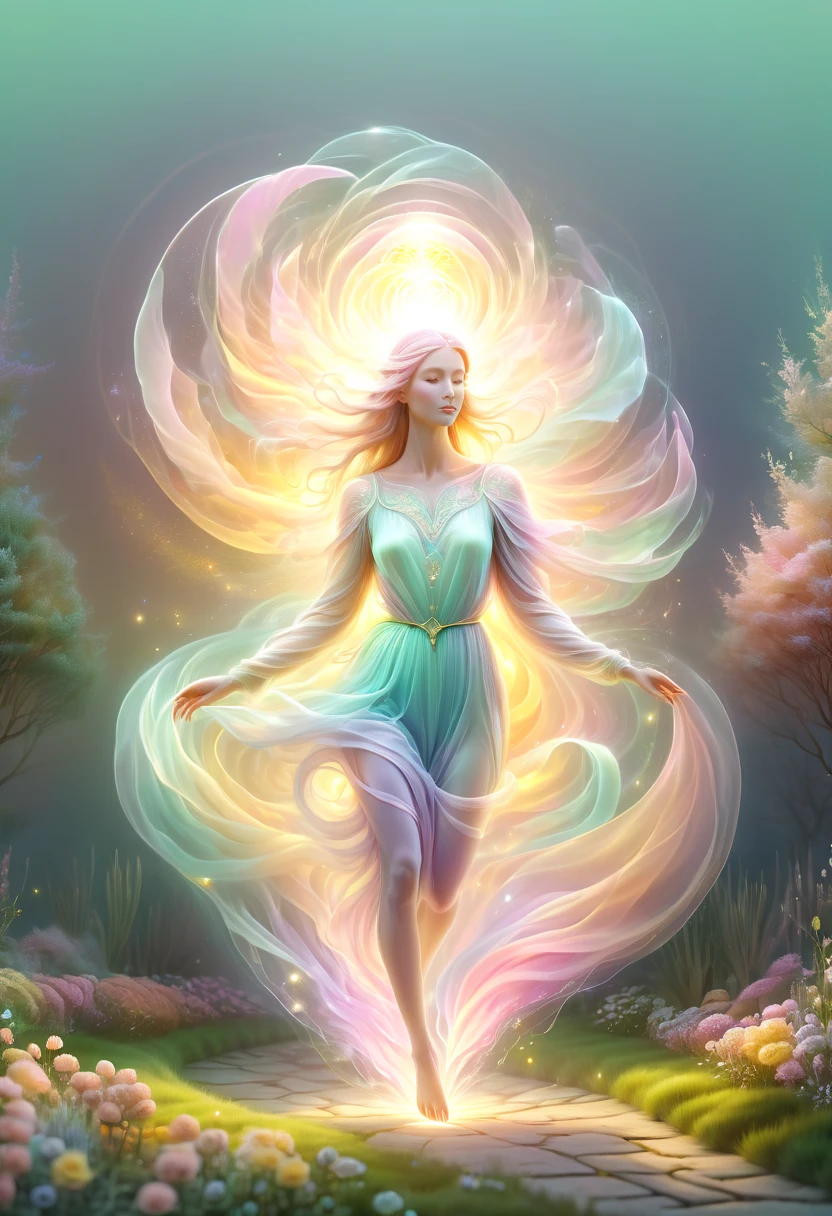 (pastel tones:1.5),Light style,cozy calm,nature,warm and comfortable,garden,hyper detailed masterpiece, dynamic, awesome quality,floating oversized ethereal light DonMW15pXL
