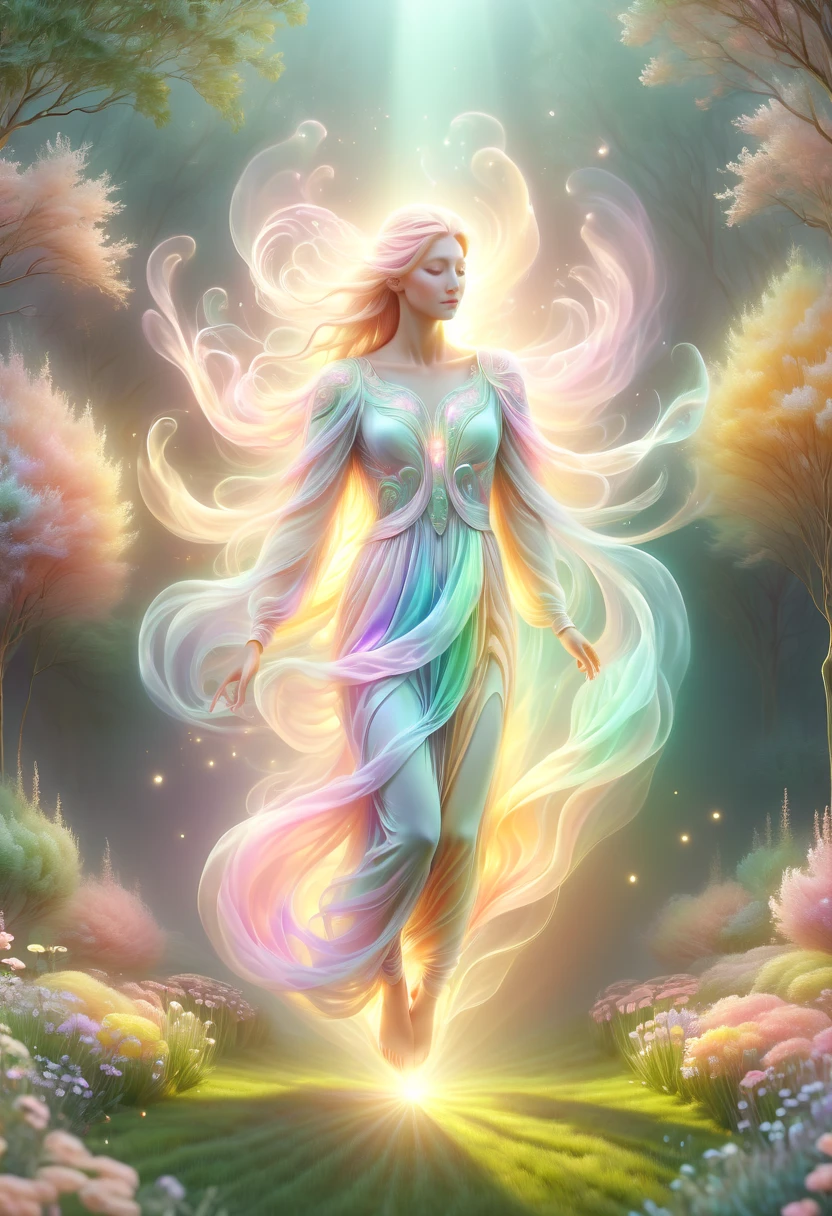 (pastel tones:1.5)，Light style，cozy calm，nature，warm and comfortable，garden，hyper detailed masterpiece, dynamic, awesome quality,floating oversized ethereal light DonMW15pXL  