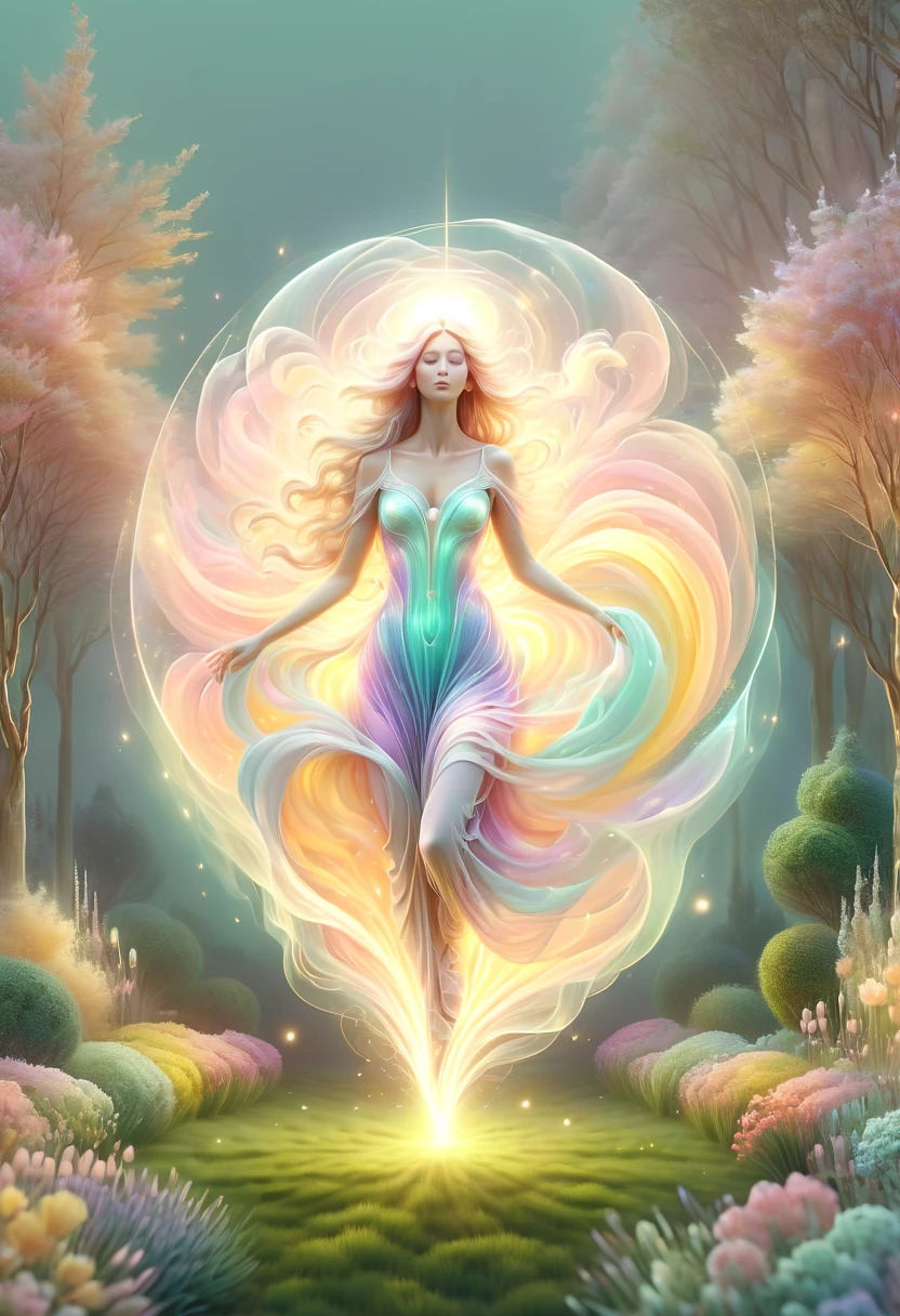 (pastel tones:1.5),Light style,cozy calm,nature,warm and comfortable,garden,hyper detailed masterpiece, dynamic, awesome quality,floating oversized ethereal light DonMW15pXL