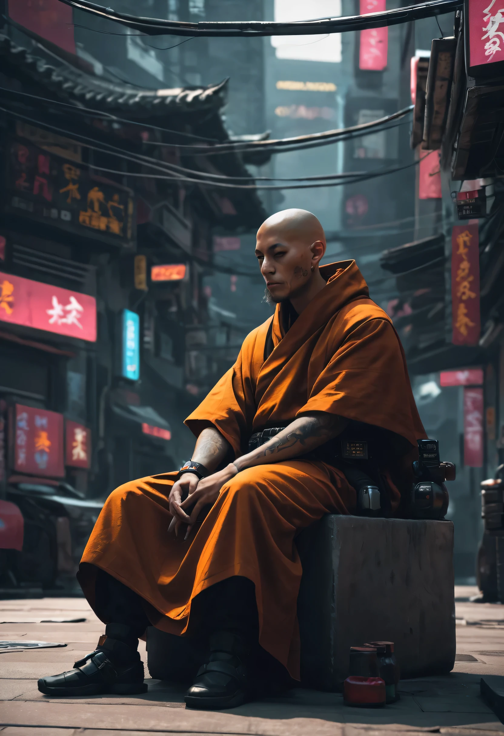 cyberpunk, monk, chillin in the city