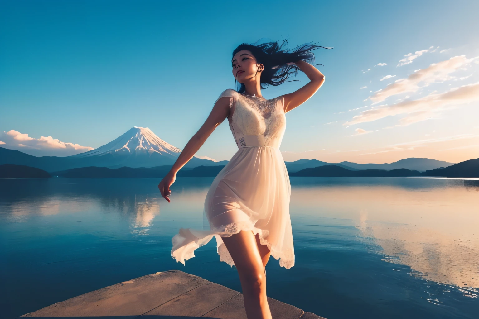 (Under a blue sky, a japanese beautiful woman in a white dress is dancing elegantly on a lake:1.5)(best quality)( 8k)(detailed face:1.5)(high resolution:2.0)(five fingers)