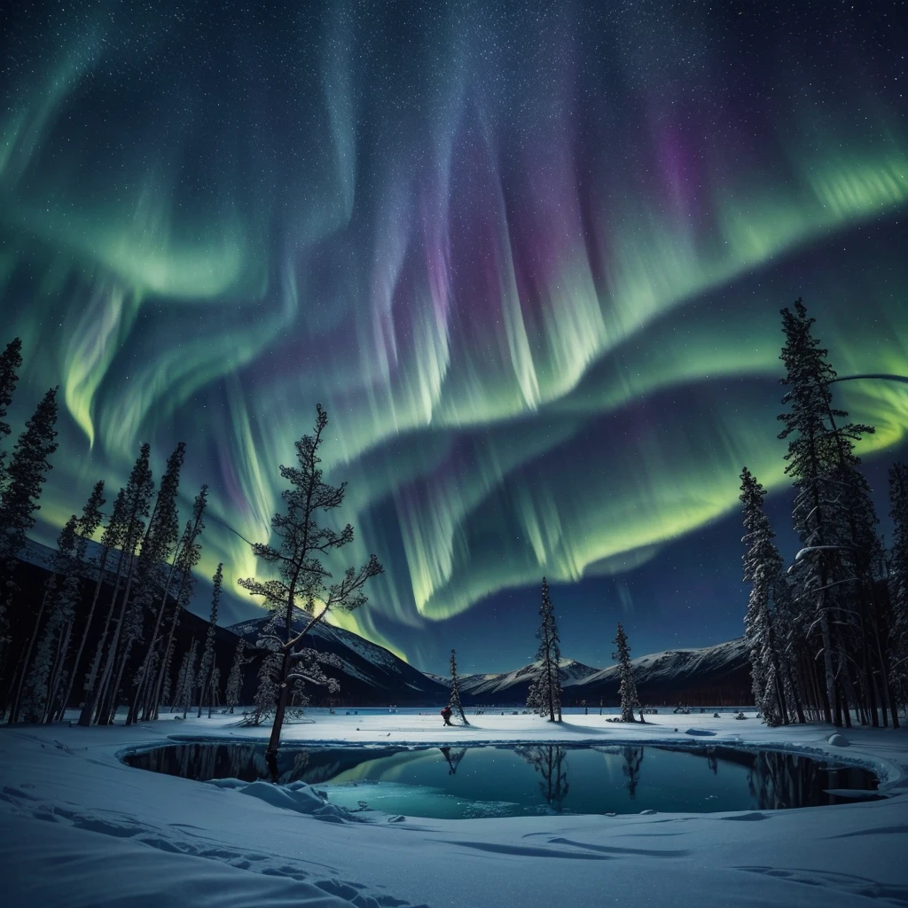 Frozen lake in Lapland at night in the middle of winter, snow-capped mountains and frozen trees in the background。Splendid Northern Lights and starry sky。A fantastic landscape with the breathtaking Northern Lights reflecting on the surface of the frozen lake。Close to the frozen lake, a magnificent reindeer with its imposing antlers reflected in the frozen lake.