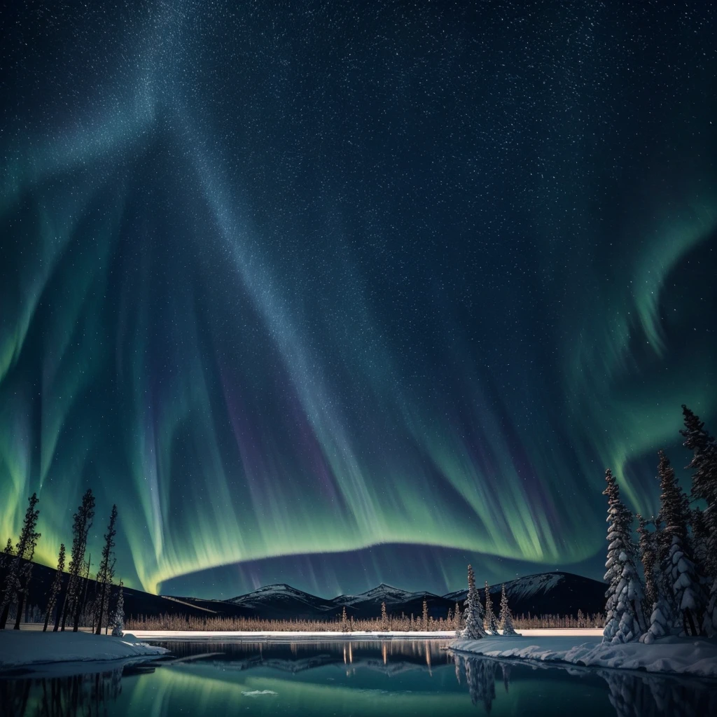 Frozen lake in Lapland at night in the middle of winter, snow-capped mountains and frozen trees in the background。Splendid Northern Lights and starry sky。A fantastic landscape with the breathtaking Northern Lights reflecting on the surface of the frozen lake。Close to the frozen lake, a magnificent reindeer with its imposing antlers reflected in the frozen lake.