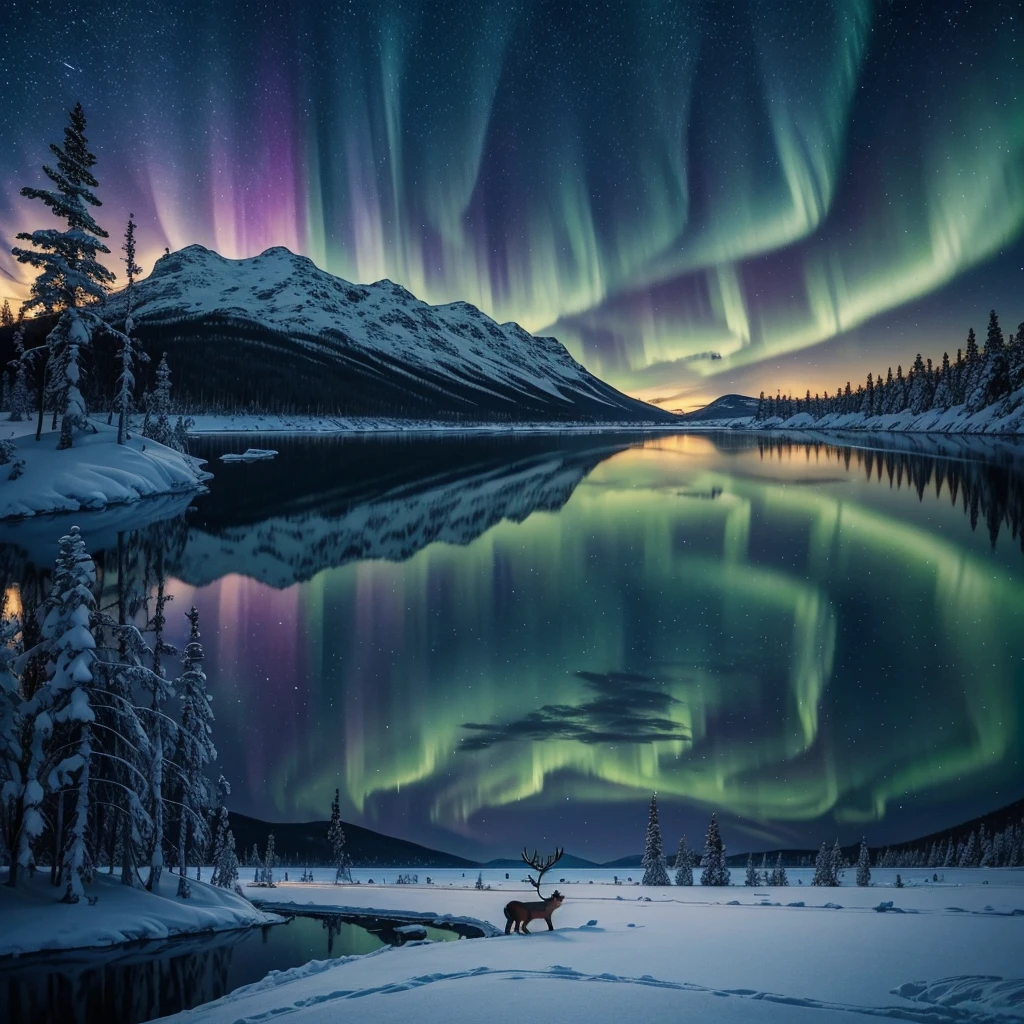 Frozen lake in Lapland at night in the middle of winter, snow-capped mountains and frozen trees in the background。Splendid Northern Lights and starry sky。A fantastic landscape with the breathtaking Northern Lights reflecting on the surface of the frozen lake。Close to the frozen lake, a magnificent reindeer with its imposing antlers reflected in the frozen lake.