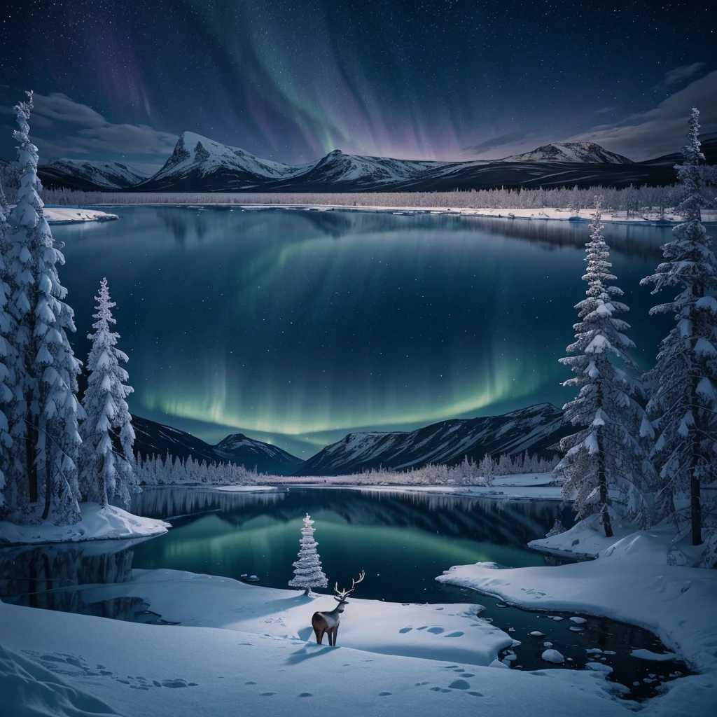 Frozen lake in Lapland at night in the middle of winter, snow-capped mountains and frozen trees in the background。Splendid Northern Lights and starry sky。A fantastic landscape with the breathtaking Northern Lights reflecting on the surface of the frozen lake。Close to the frozen lake, a magnificent reindeer with its imposing antlers reflected in the frozen lake.